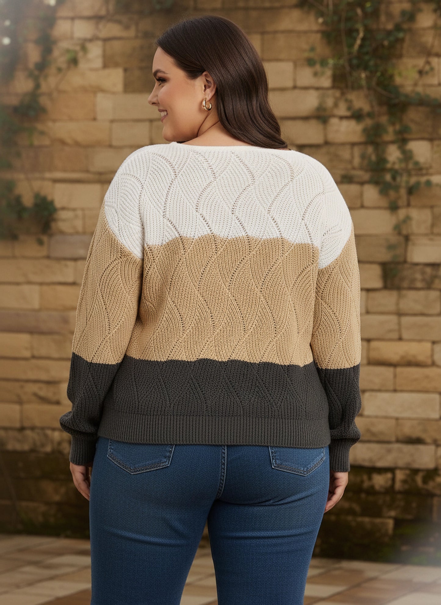 Berrylush Curve Women White, Beige, & Black Colourblocked Pattern Boat Neck Drop-Shoulder Sleeves Ribbed Hem Regular Sweater