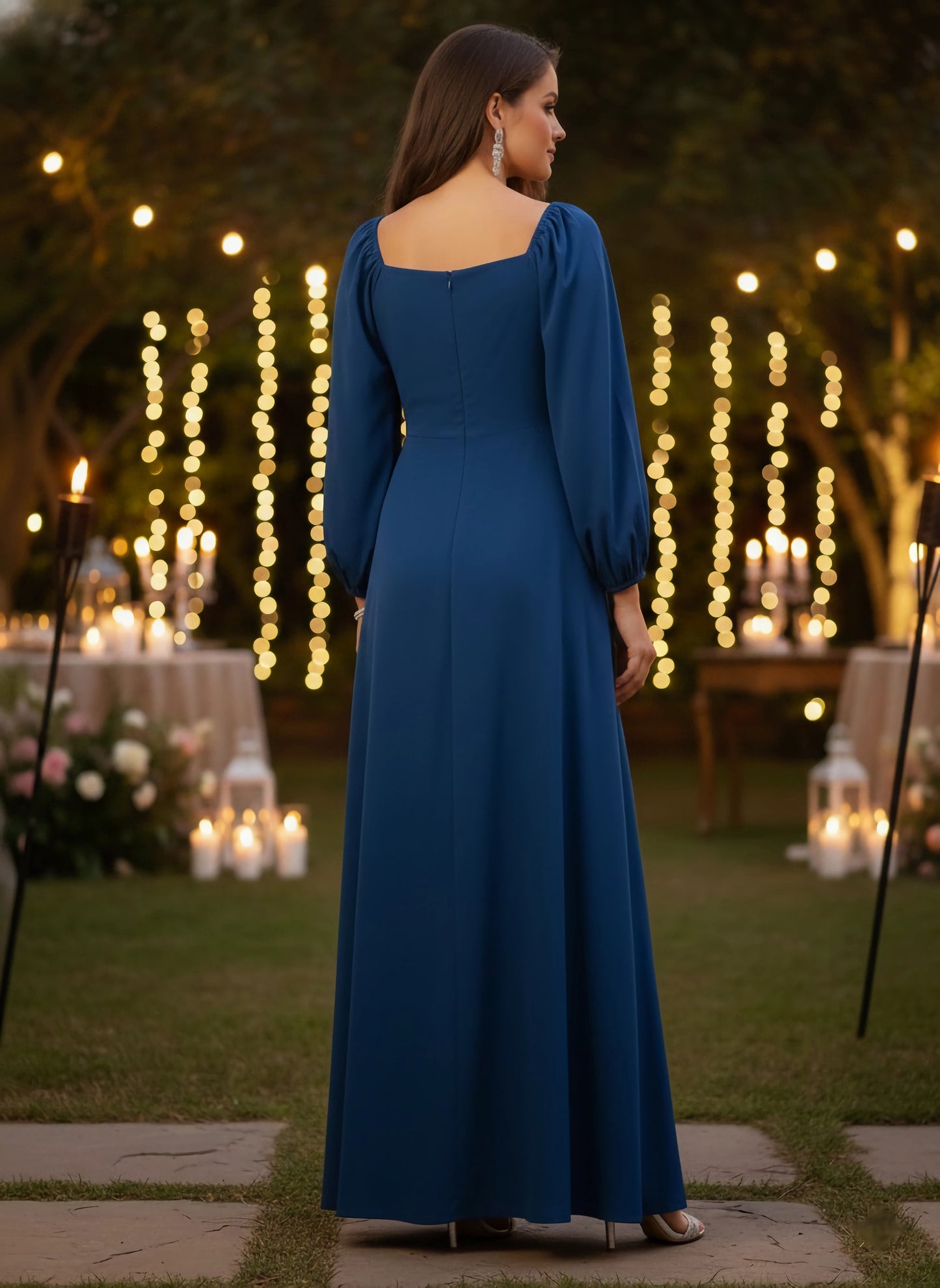 Berrylush Women Solid Blue Square Neck Slim-Fit Maxi Dress