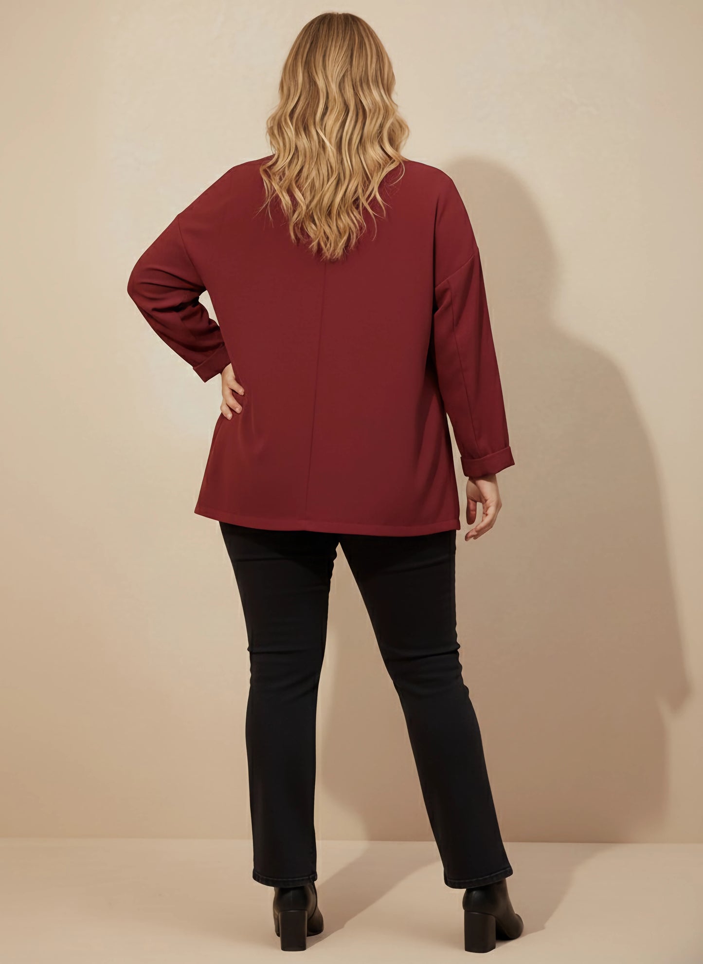 Berrylush Women Plus Size Solid Maroon Notched Lapel Neck Long Sleeve Open Front Longline Blazer