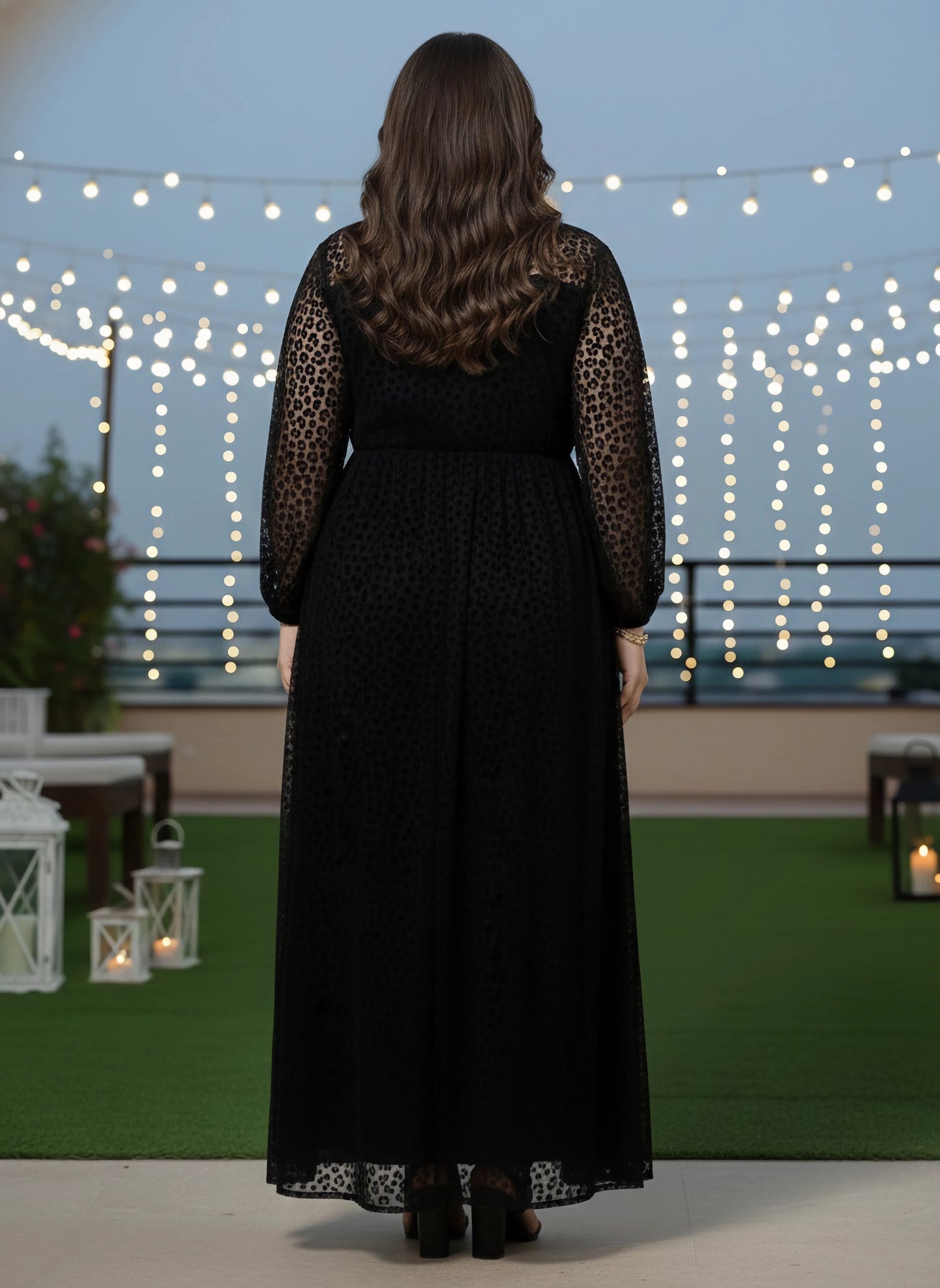 Plus Size Black Animal Printed Round Neck Semi-Sheer Velvet Flared A-Line Maxi Dress