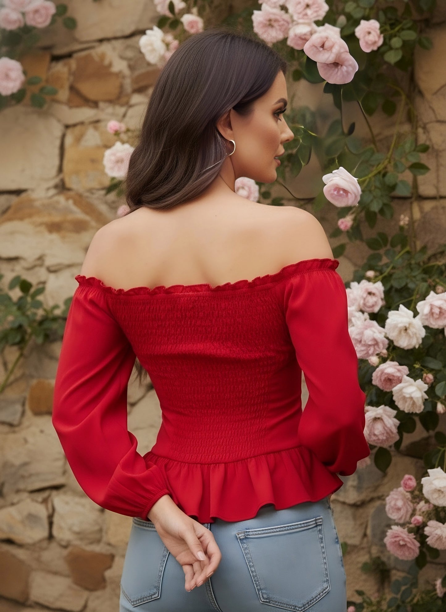 Berrylush Women Red Solid Off-Shoulder Neck Bishop Sleeves Lace-Up Crepe Smocked Crop Peplum Top