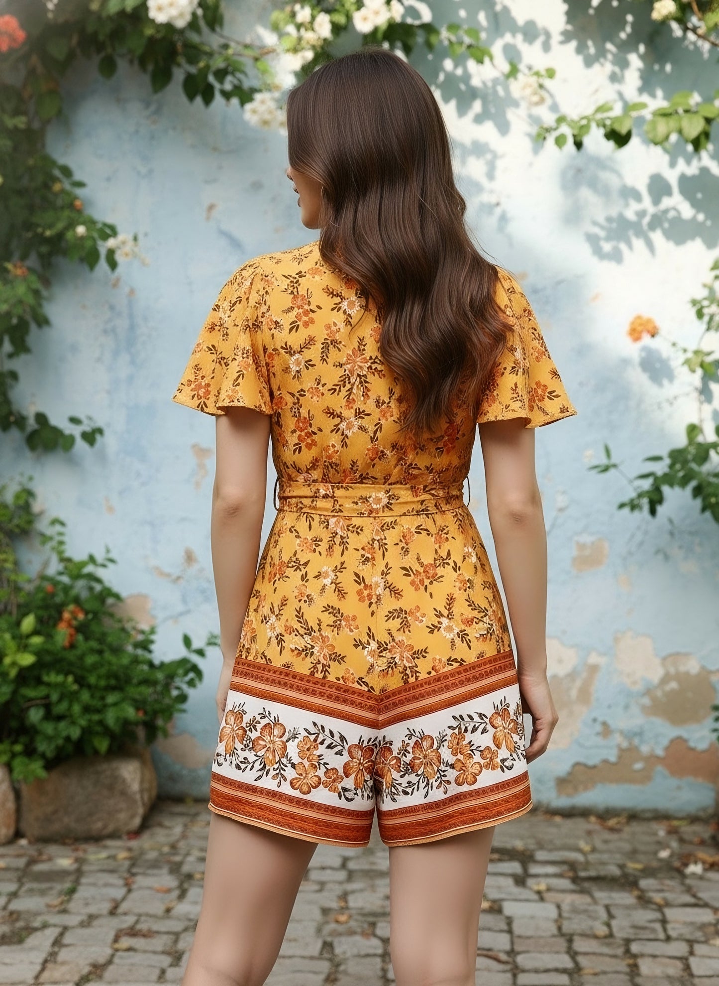 Berrylush Women Yellow & Orange Floral Printed V-Neck Waist Tie-Up Wrap Mini Playsuit