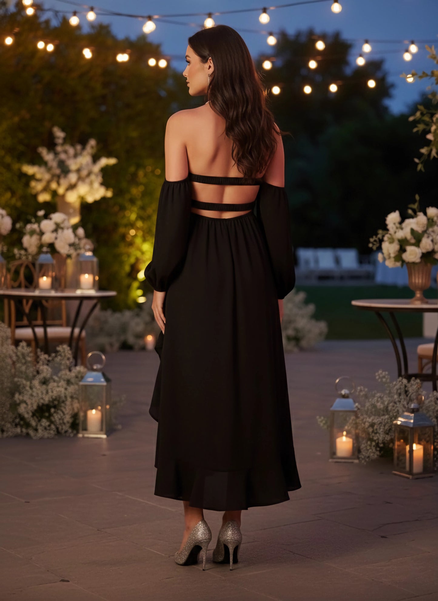 Solid Black Off-Shoulder Neck Puff Sleeves Cut-Out Asymmetrical Hem A-Line Midi Dress