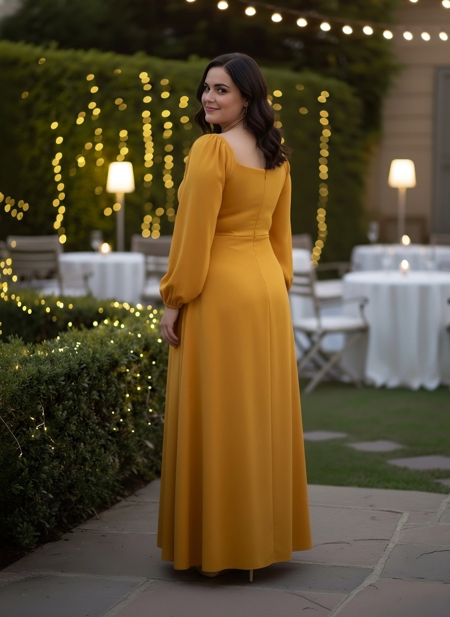 Berrylush Women Plus Size Solid Yellow Square Neck Puff Sleeves Thigh-High Slit Fit & Flare Maxi Dress