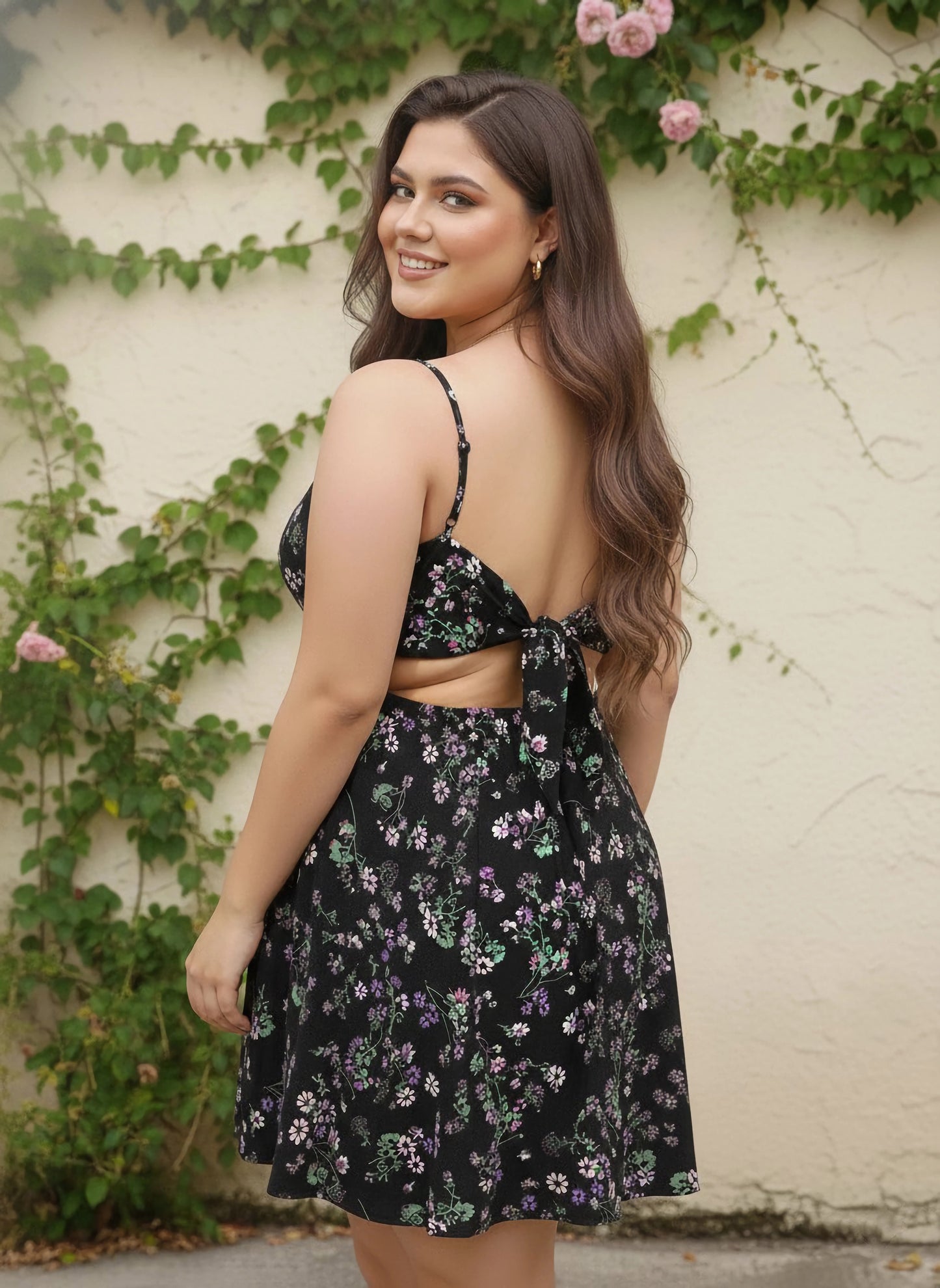 Berrylush Women Plus Size Black & Purple Floral Printed Crepe Front Twist Detail Crepe Mini Dress