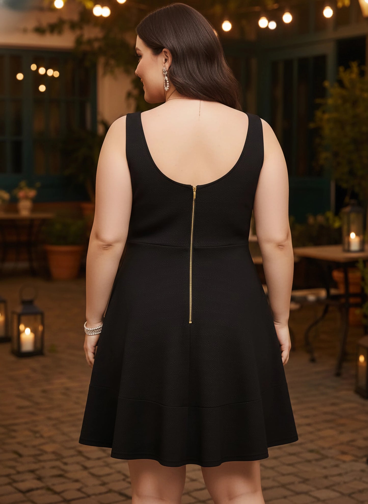 Curve Solid Black Scoop Neck Sleeveless Scoop Back Knitted Fit & Flare Mini Dress