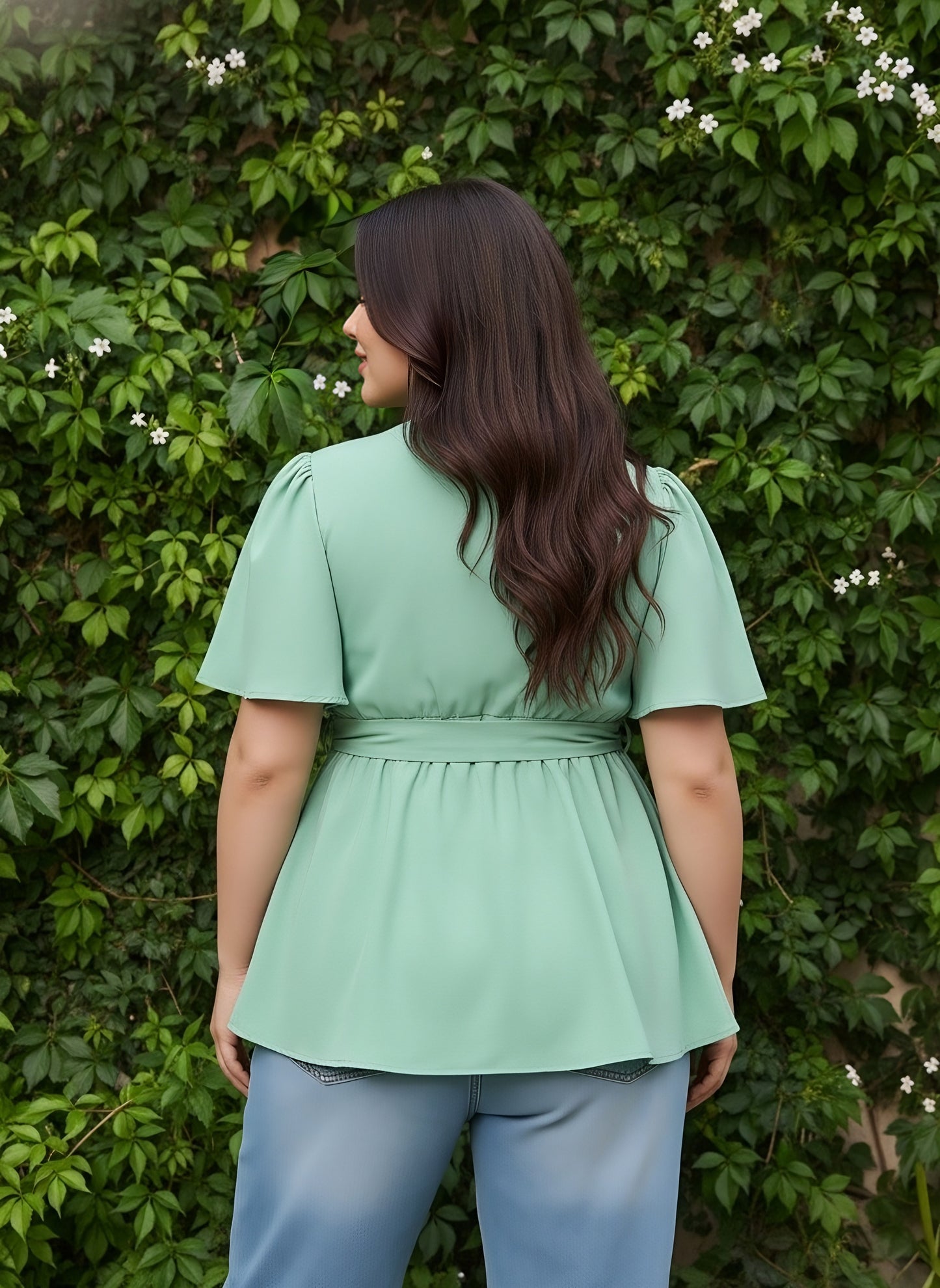 Berrylush Curve Women Solid Green V-Neck Flared Sleeves Waist Tie-Up Pleated Regular Empire Top