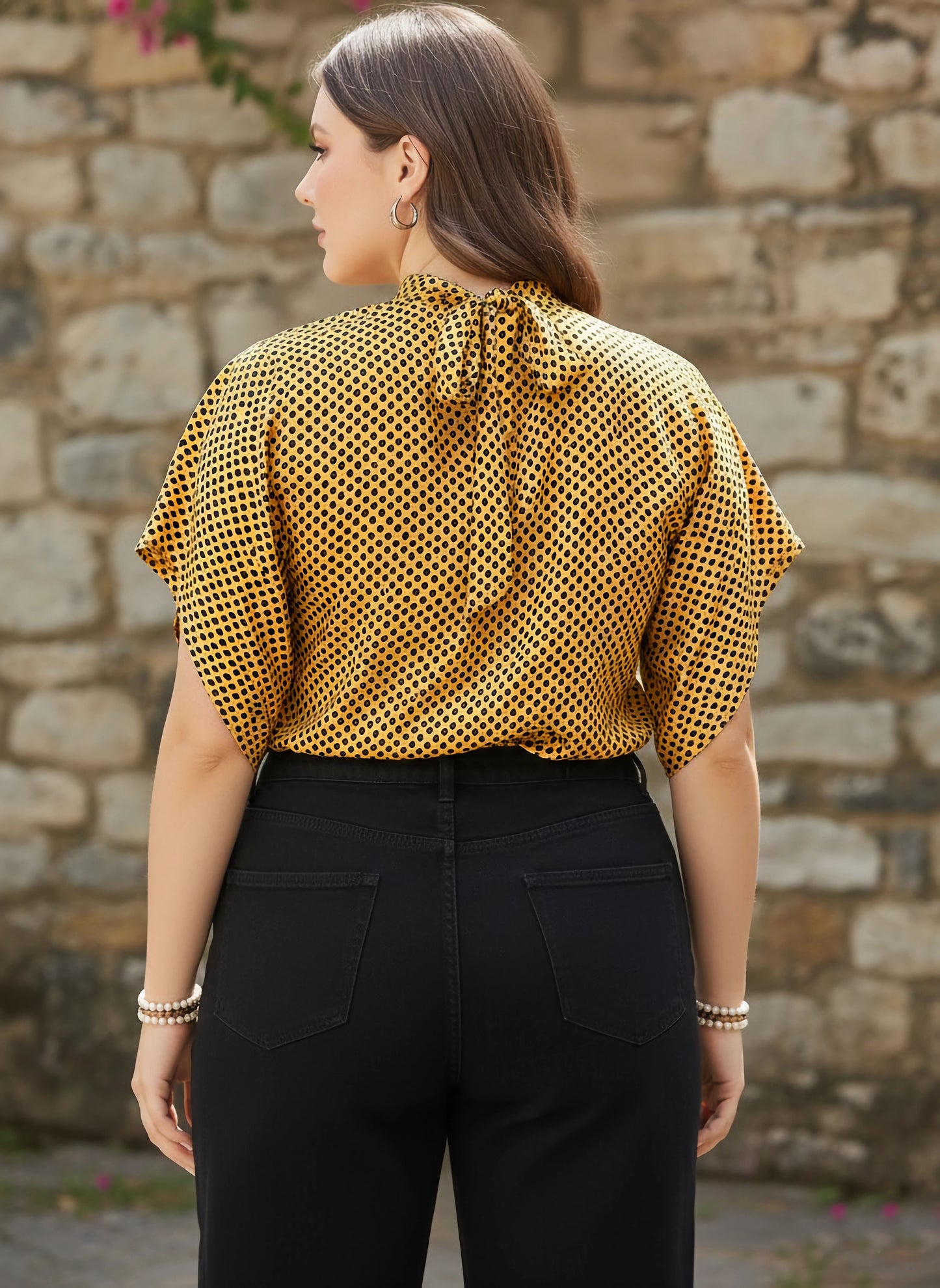 Berrylush Curve Women Yellow & Black Animal Printed High Neck Extended Sleeves Pleated Regular Top