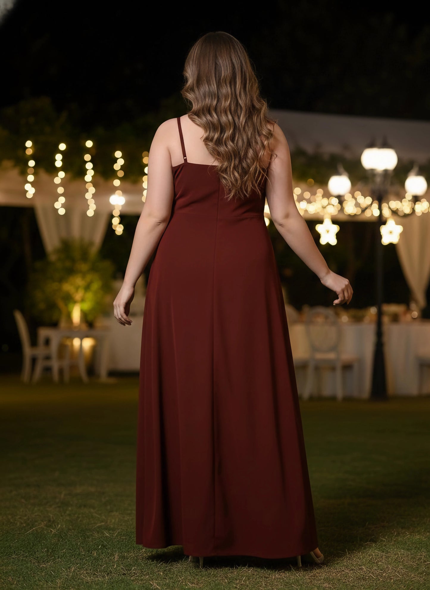 Berrylush Women Plus Size Solid Maroon V-Neck Sleeveless Thigh-High Slit Flared Maxi Dress