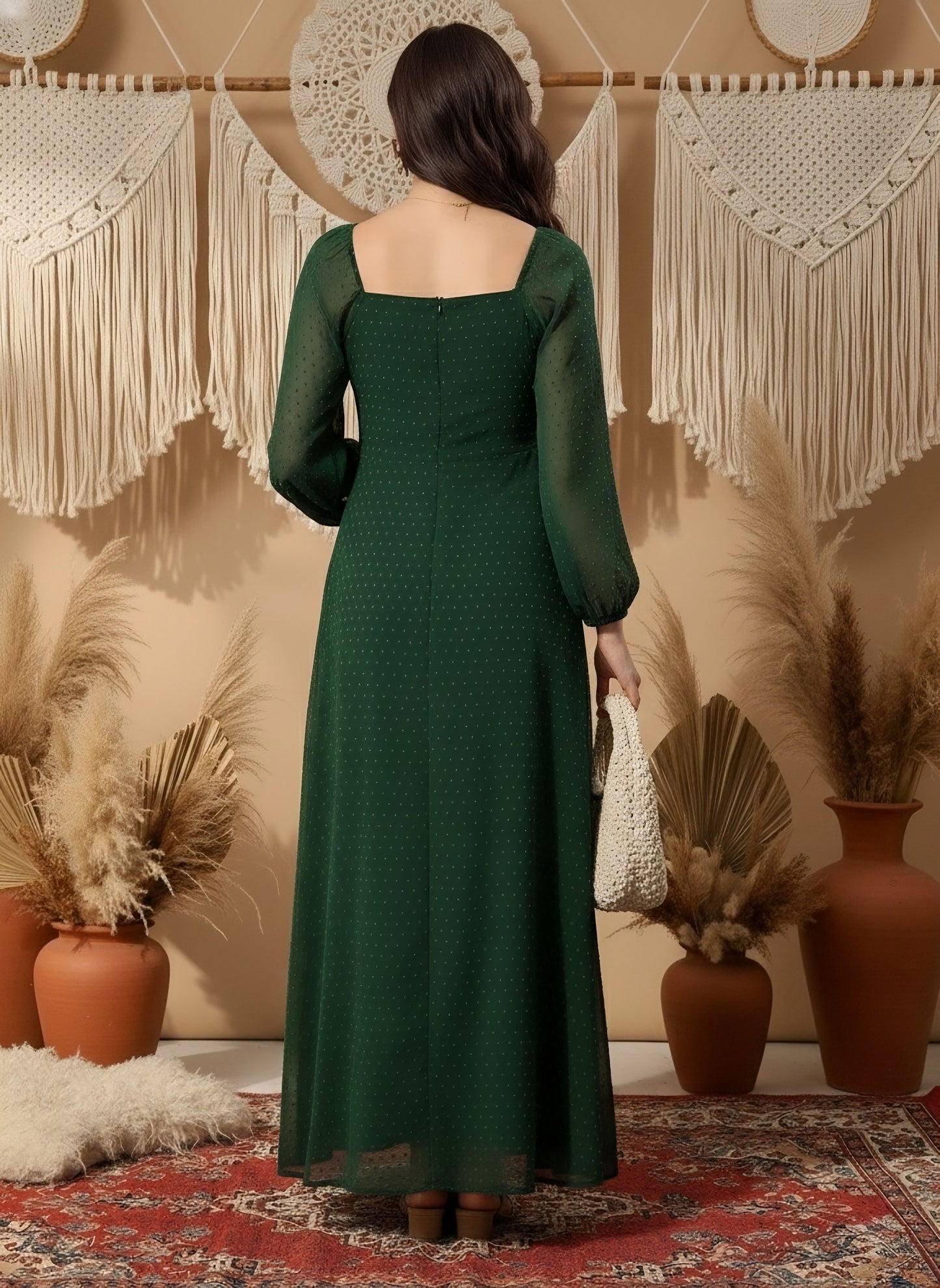 Berrylush Women Green Self-Design Pattern Square-Neck Maxi Dress
