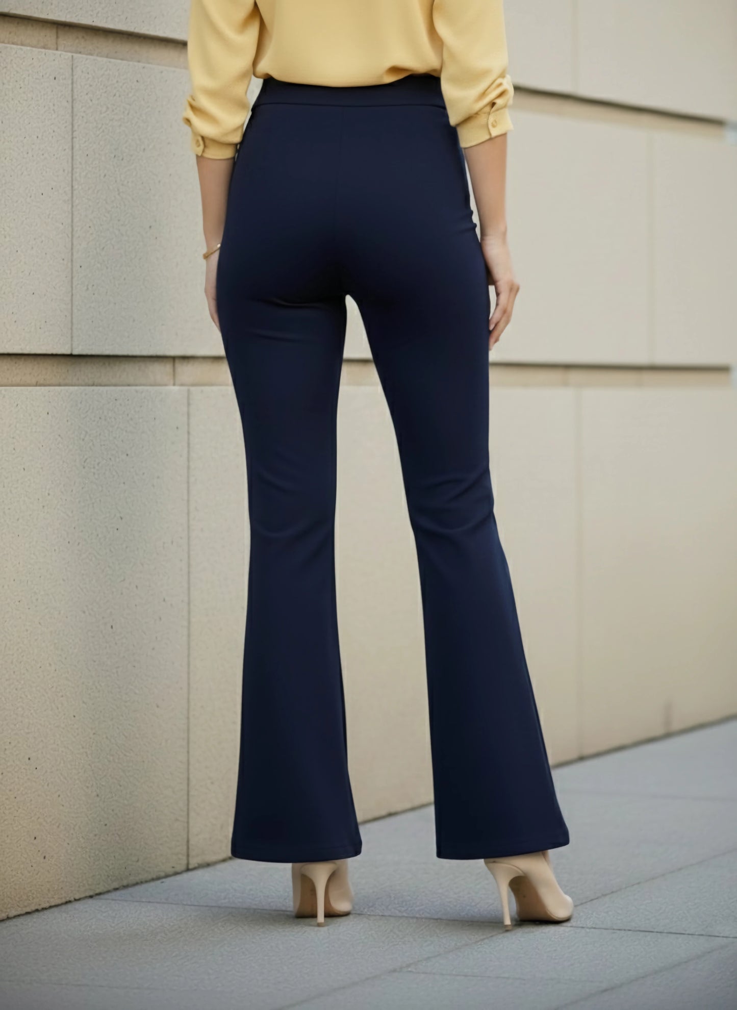 Berrylush BIZwear Women Solid Navy Blue High-Rise Waist Polyester Slip-On Flared Regular Trousers