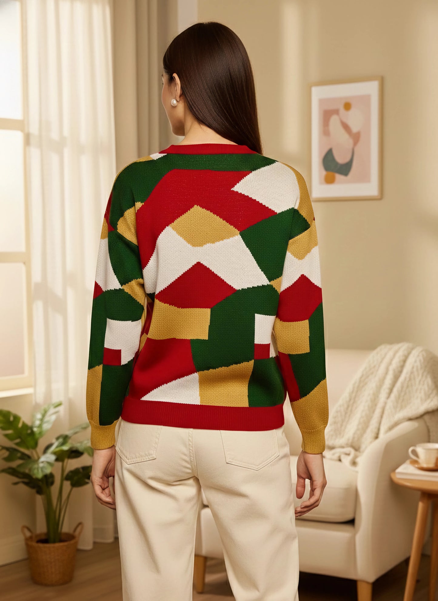 Berrylush Women Multicolour Geometrical Printed Round Neck Drop-Shoulder Sleeves Acrylic Ribbed Hem Regular Pullover