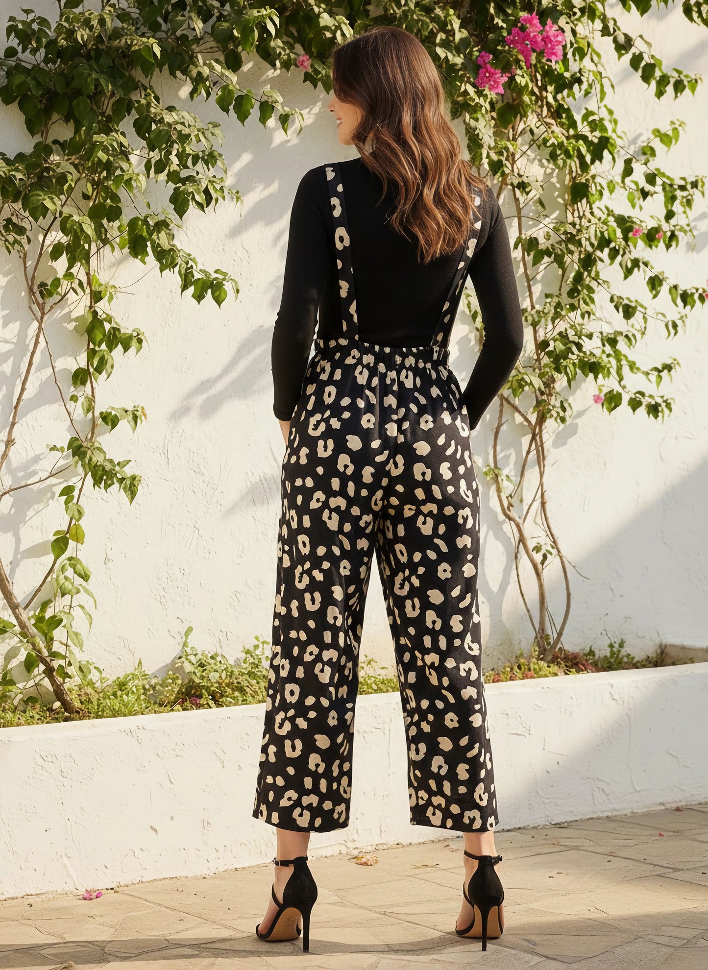 Black & Beige Animal Print Sleeveless Elastic Waist Wide-Leg Crepe Midi Jumpsuit