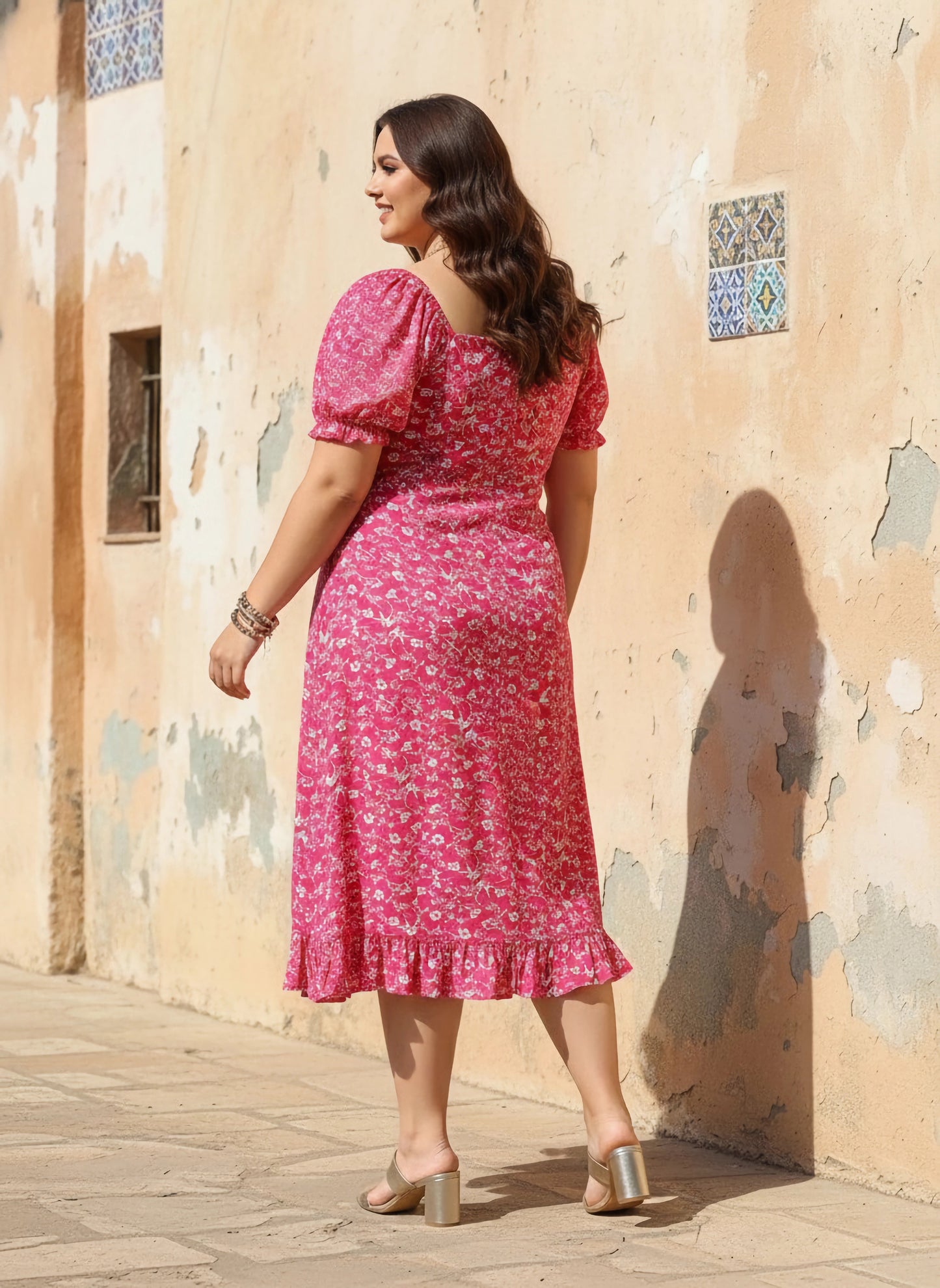 Berrylush Women Plus Size Pink & White Floral Printed Sweetheart Neck Front Tie-Up Flounce Hem A-Line Midi Dress