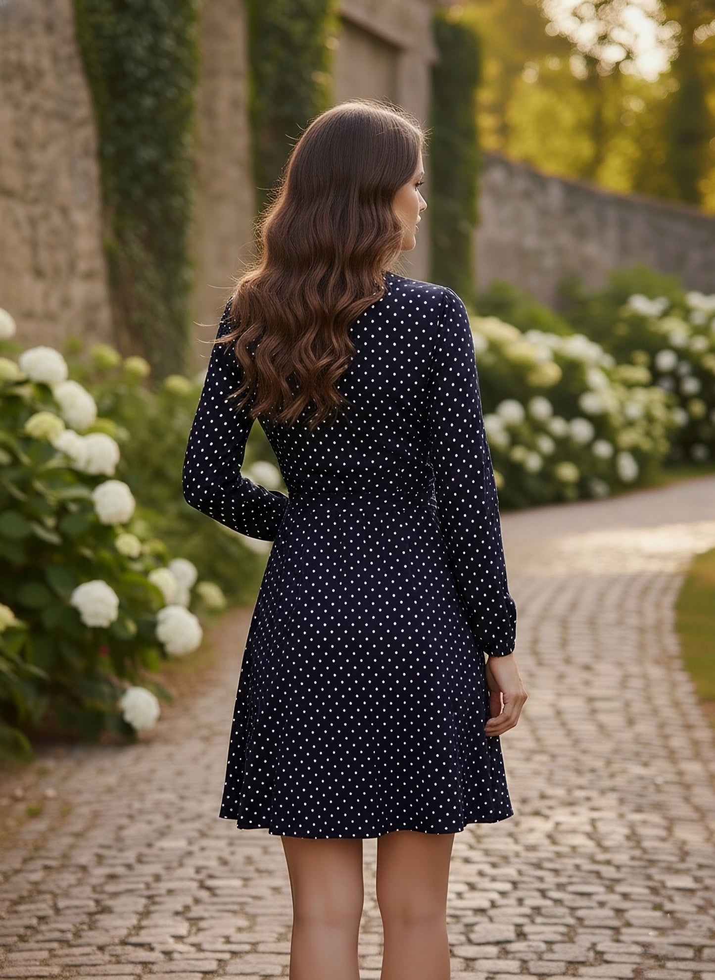 Berrylush Women Navy Blue Polka Dot Printed V-Neck Waist Tie-Up Fit & Flare Wrap Mini Dress