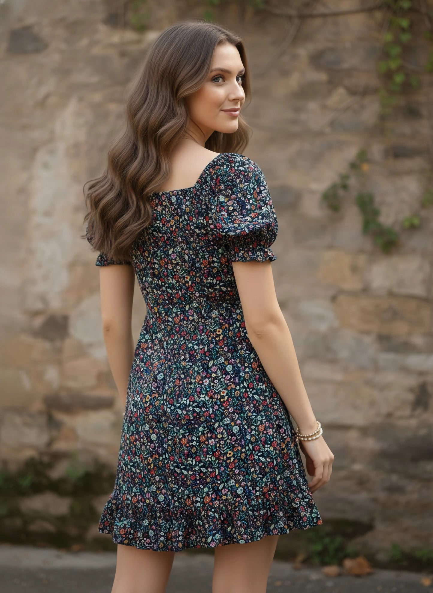 Berrylush Women Navy Blue Floral Printed Sweetheart Neck Crepe A-Line Mini Dress