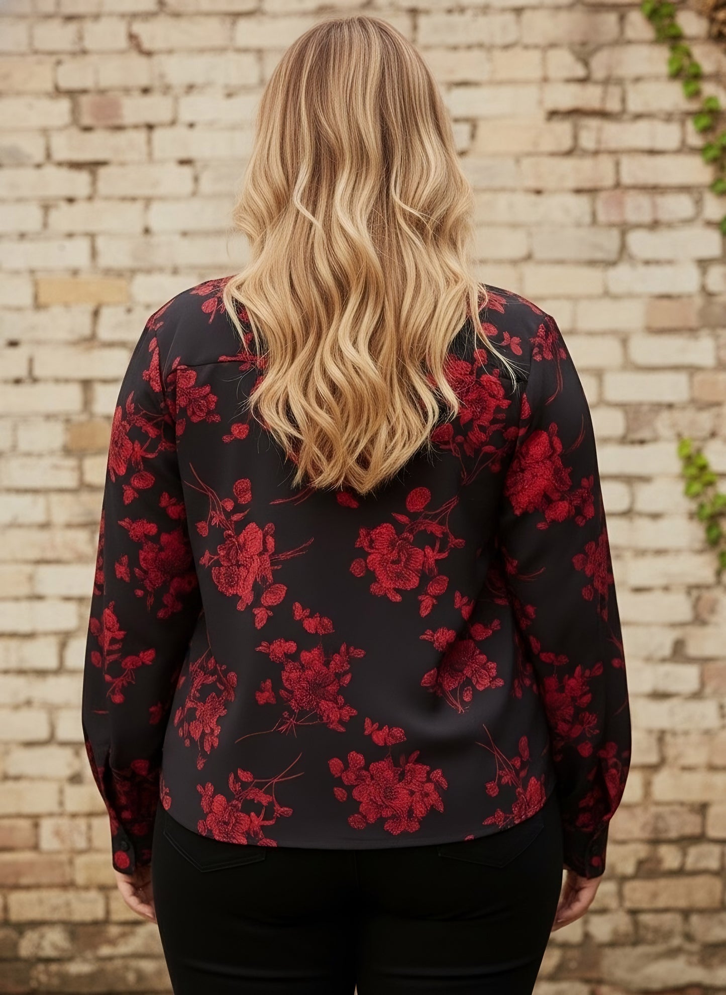 Berrylush Women Plus Size Black & Red Floral Printed Tie-Up Neck Polyester Regular Top