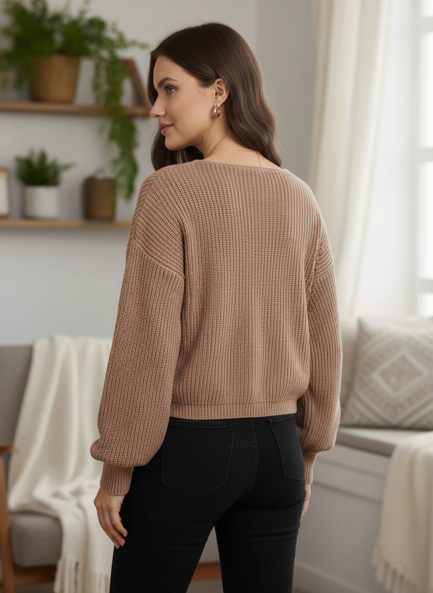 Berrylush Women Solid Peach V-Neck Front Tie-Up Acrylic Straight Hem Cropped Sweater