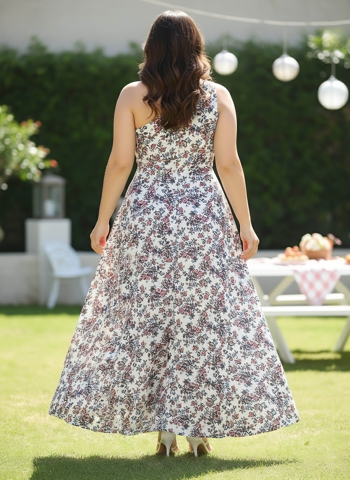 Berrylush Women Plus Size White Floral Printed One-Shoulder Neck Thigh-High Slit Flared Maxi Dress