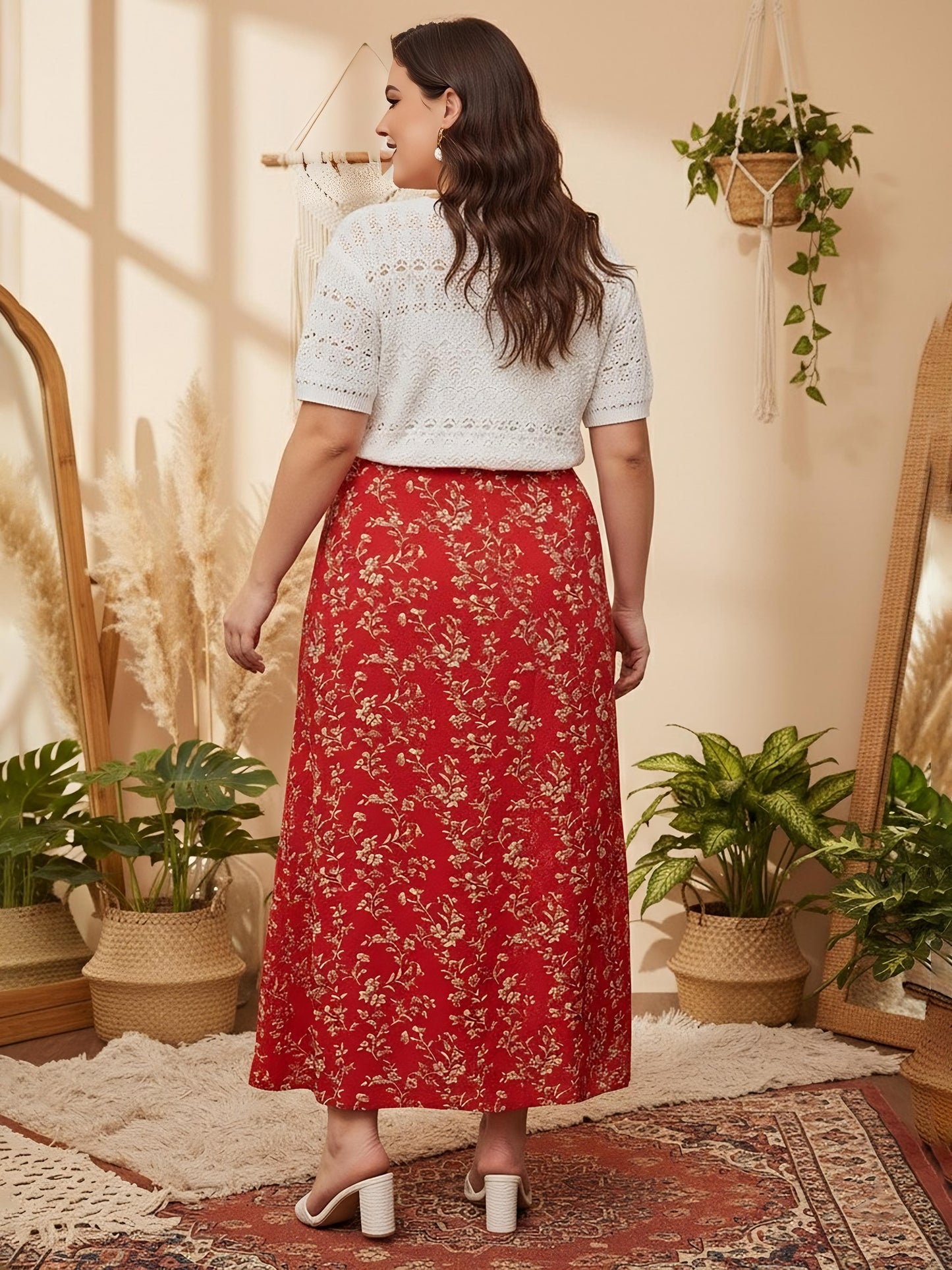 Berrylush Women Plus Size Red & White Floral Printed High-Rise Waist Thigh-High Slit Flared A-Line Maxi Skirt