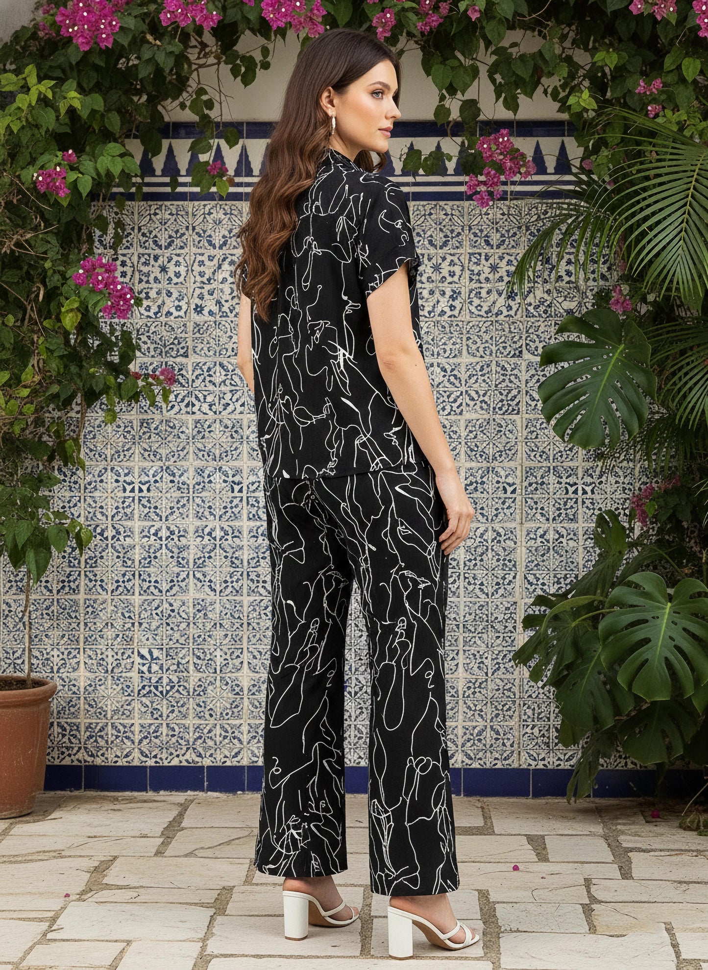 Berrylush Women Black & White Geometrical Printed Spread Collar Neck Straight Hem Regular Shirt & Wide-Leg Maxi Trousers Co-Ord Set