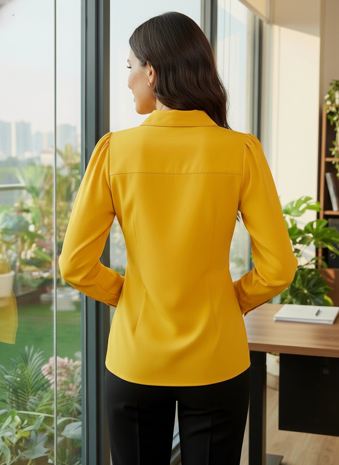 BIZwear Solid Yellow Shirt Collar Neck Cuffed Sleeve Asymmetrical Hem Twisted Regular Top