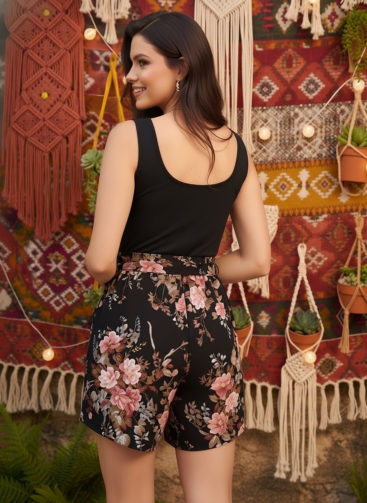 Berrylush Women Black & Pink Floral Printed Square Neck Sleeveless Tie-Up Waist Pleated Mini Jumpsuit