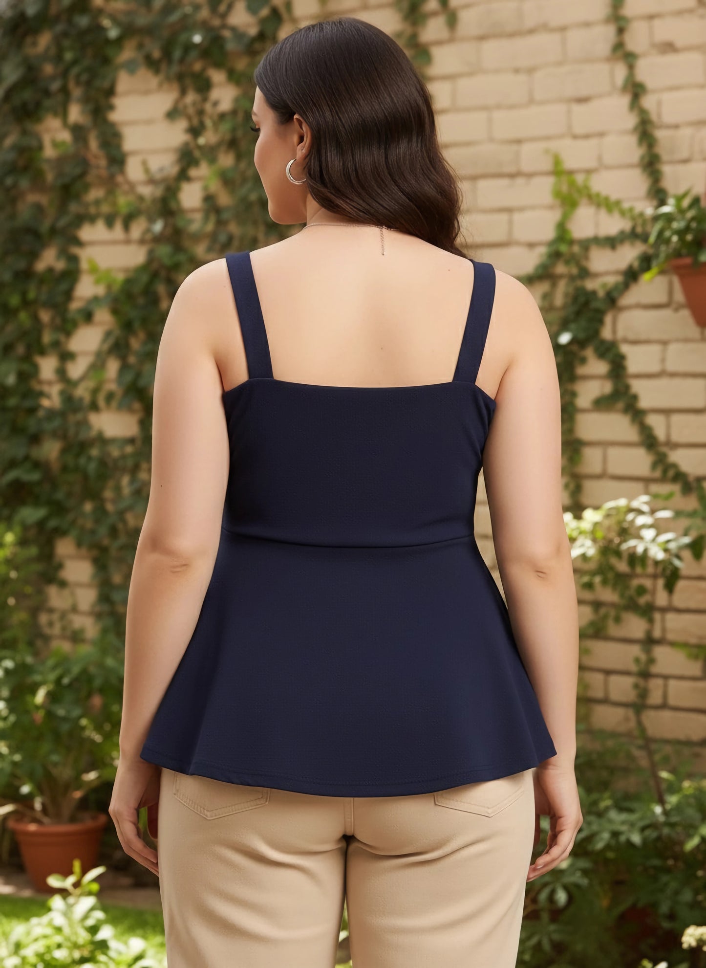 Berrylush Curve Women Navy Blue Solid Ruched Detail Peplum Top