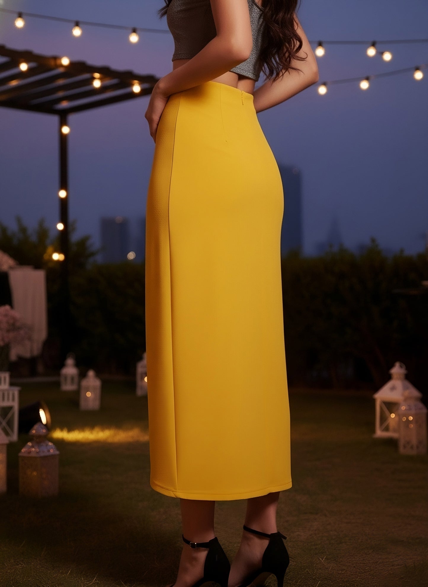 Berrylush Women Yellow Solid High Rise Knitted Draped Tulip Skirt