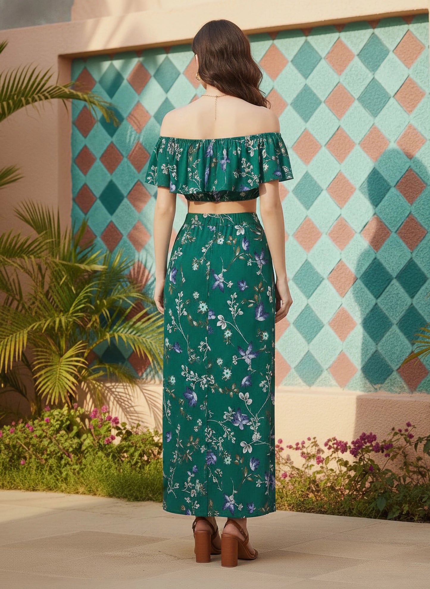 Berrylush Women Green Floral Print Two-Piece Maxi Dress
