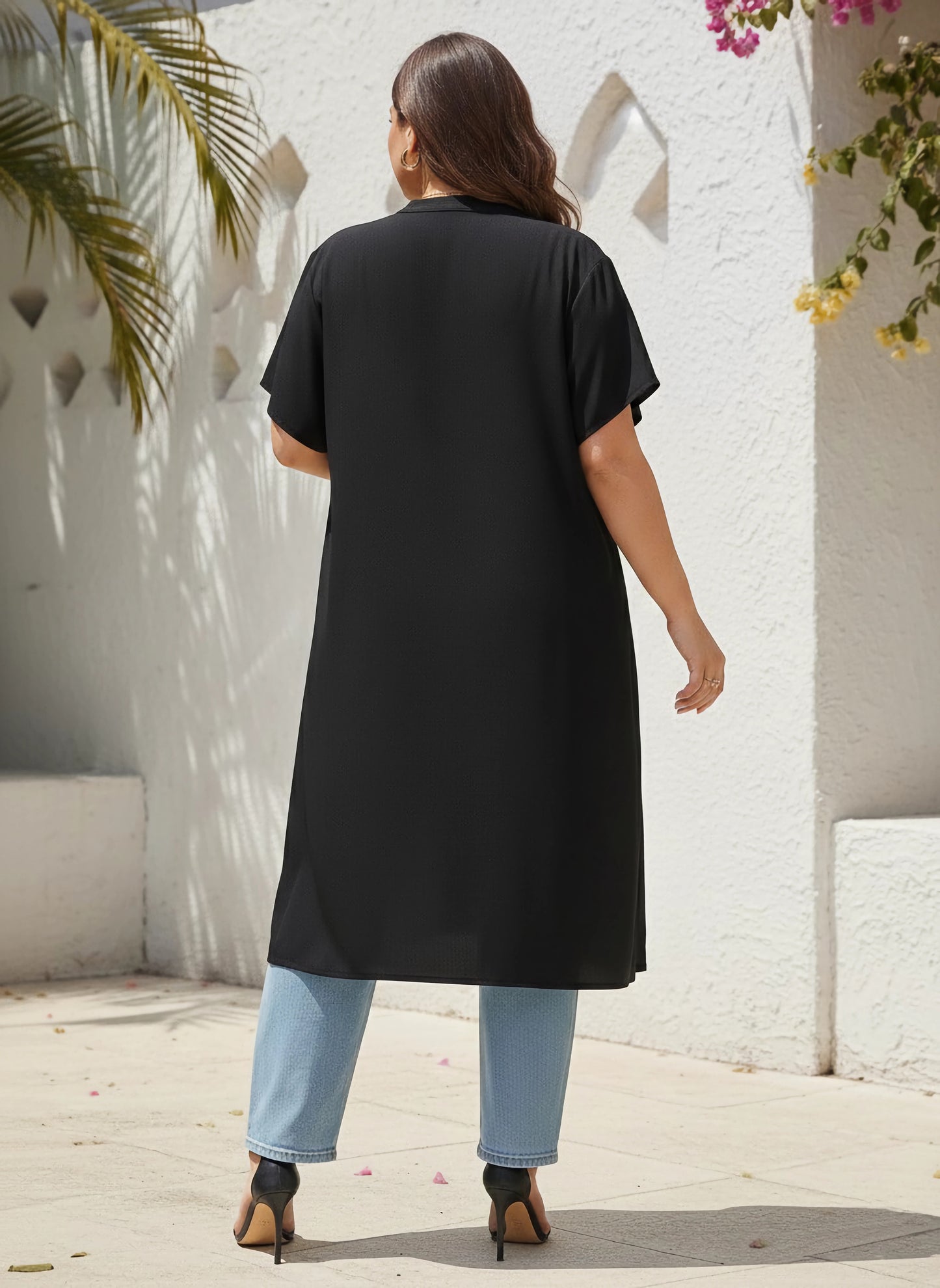 Curve Solid Black Stand Collar Neck Button-Up Side-Slited Logline Top
