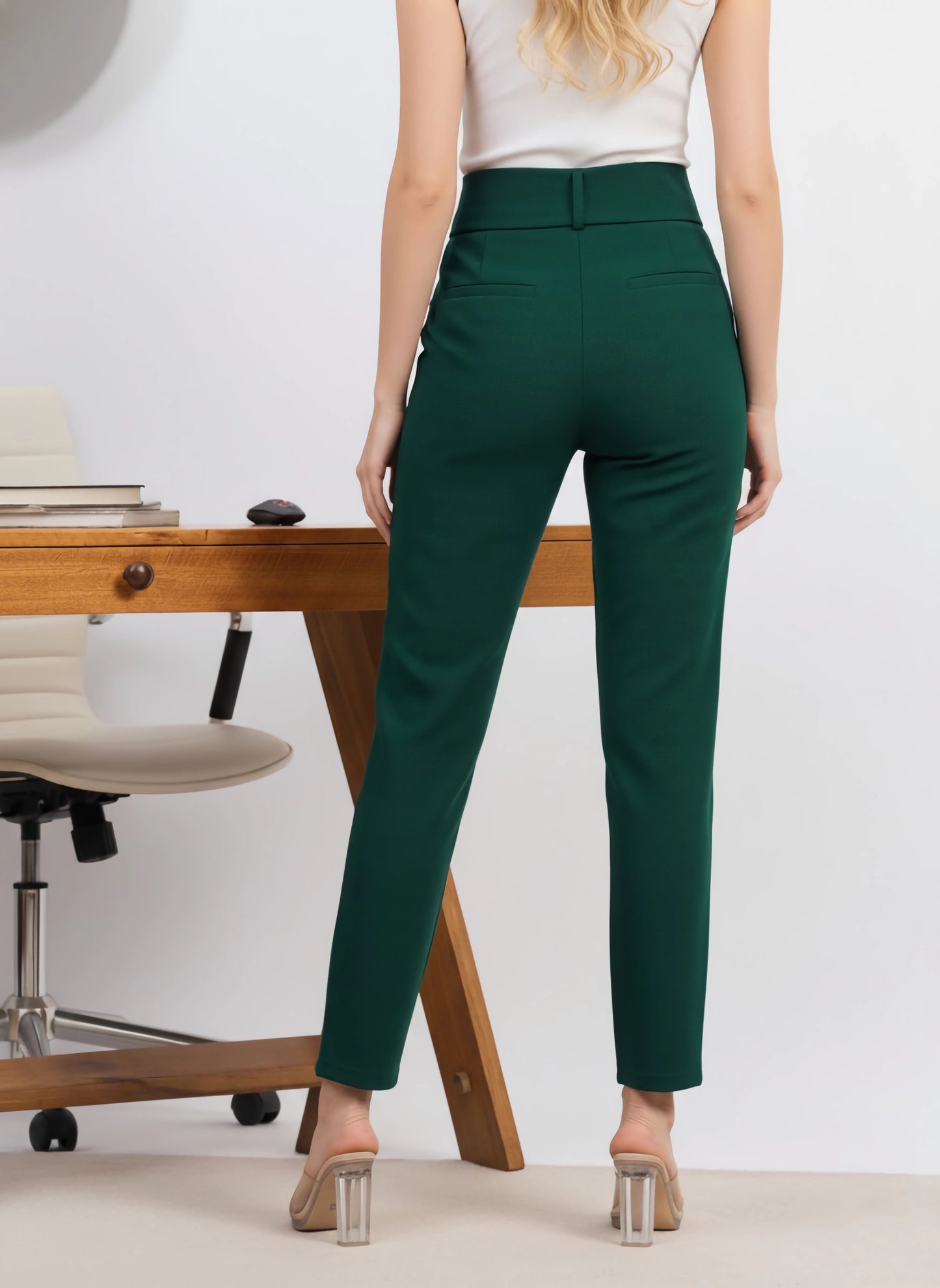 Berrylush BIZwear Women Solid Green High-Rise Belted Waist Four-Pockets Pleated Maxi Trousers