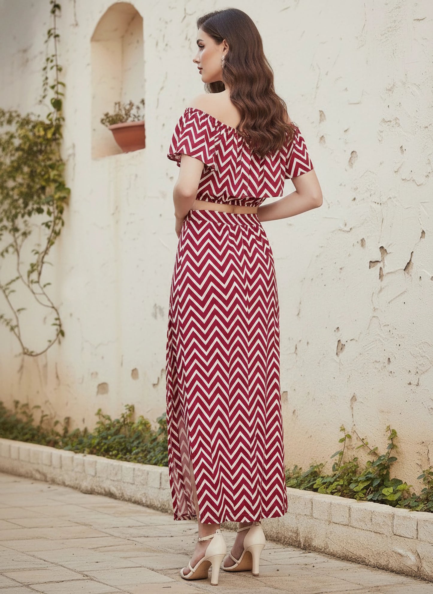 Berrylush Women Maroon and White Chevron Printed Off-Shoulder Flared Co-Ordinate Maxi Dress