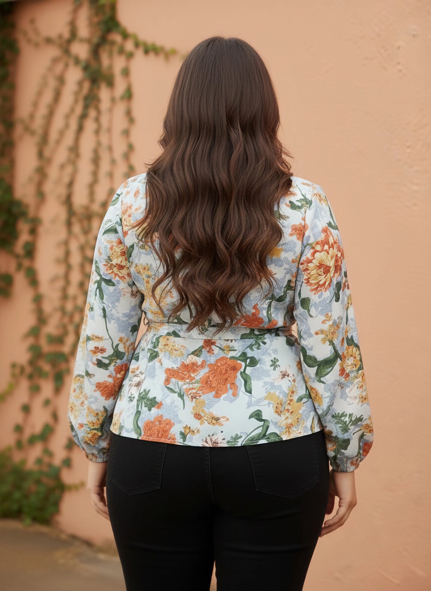 Berrylush Curve Women Blue & Orange Floral Printed V-Neck Bishop Sleeves Waist Tie-Up Wrap Regular Top