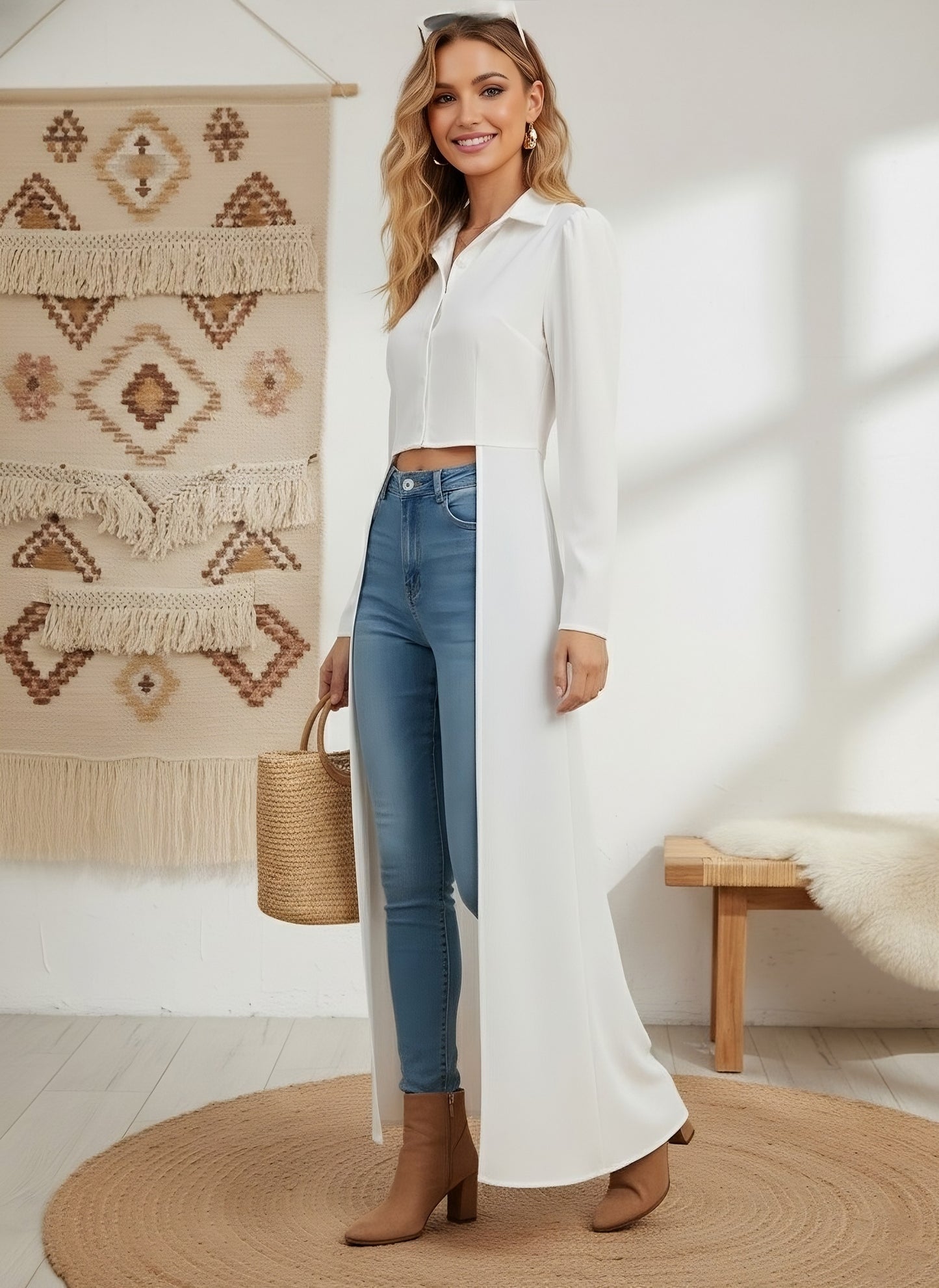 Berrylush Women Solid White Spread Collar Neck Puff Sleeves Front Button-Up High-Low Hem Longline Top