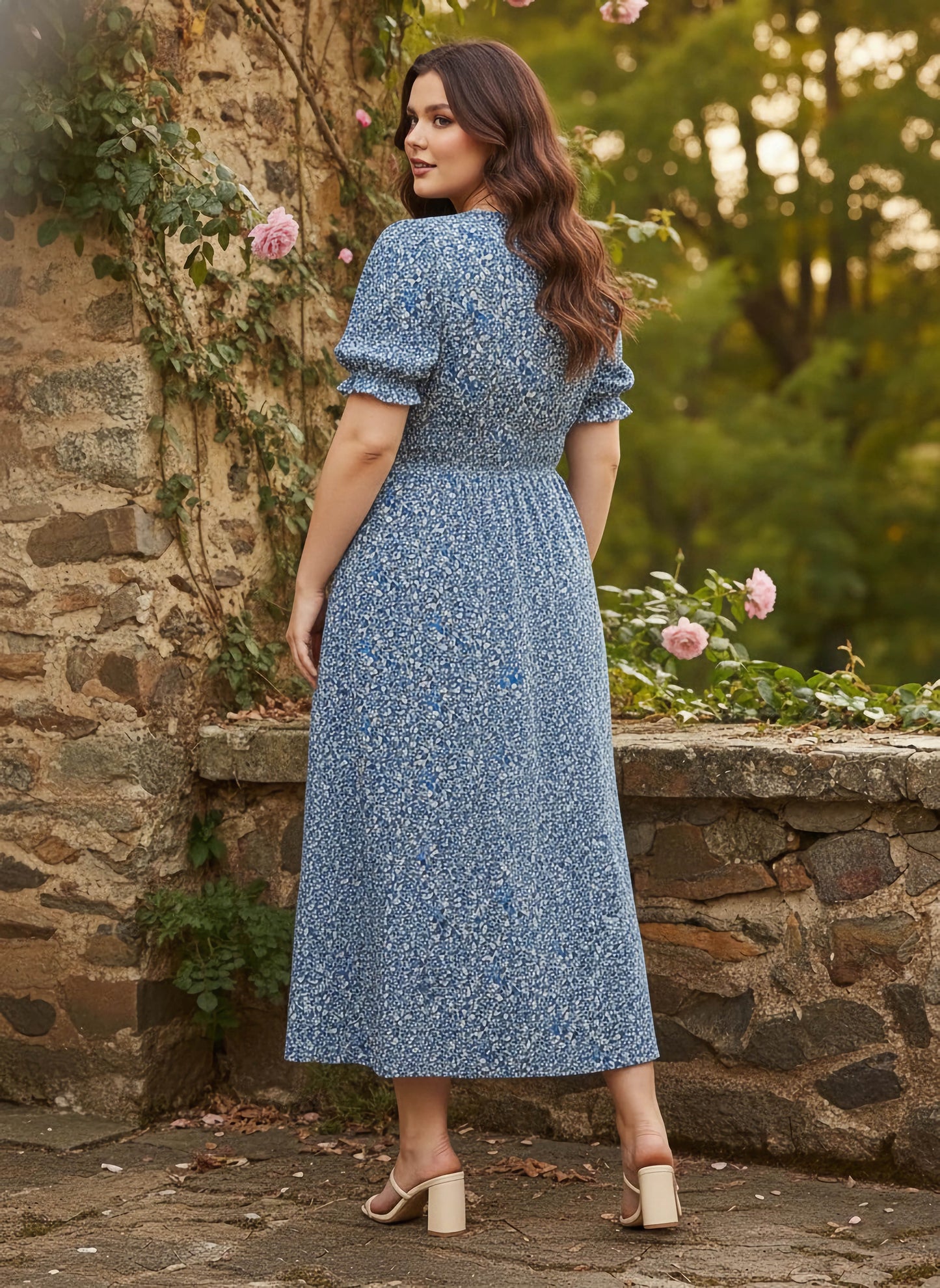 Curve Blue & White Floral Printed V-Neck Puff Sleeves Smocked Waist A-line Maxi Dress
