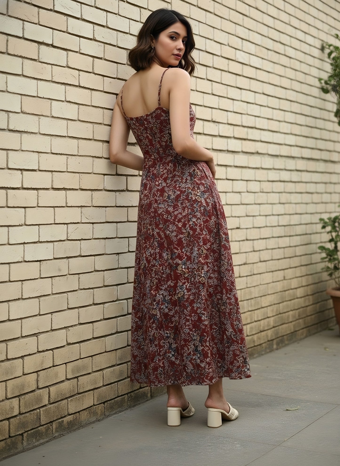 Berrylush Women Maroon & Off-White Floral Printed V-Neck Tie-Up Front Flared Maxi Dress