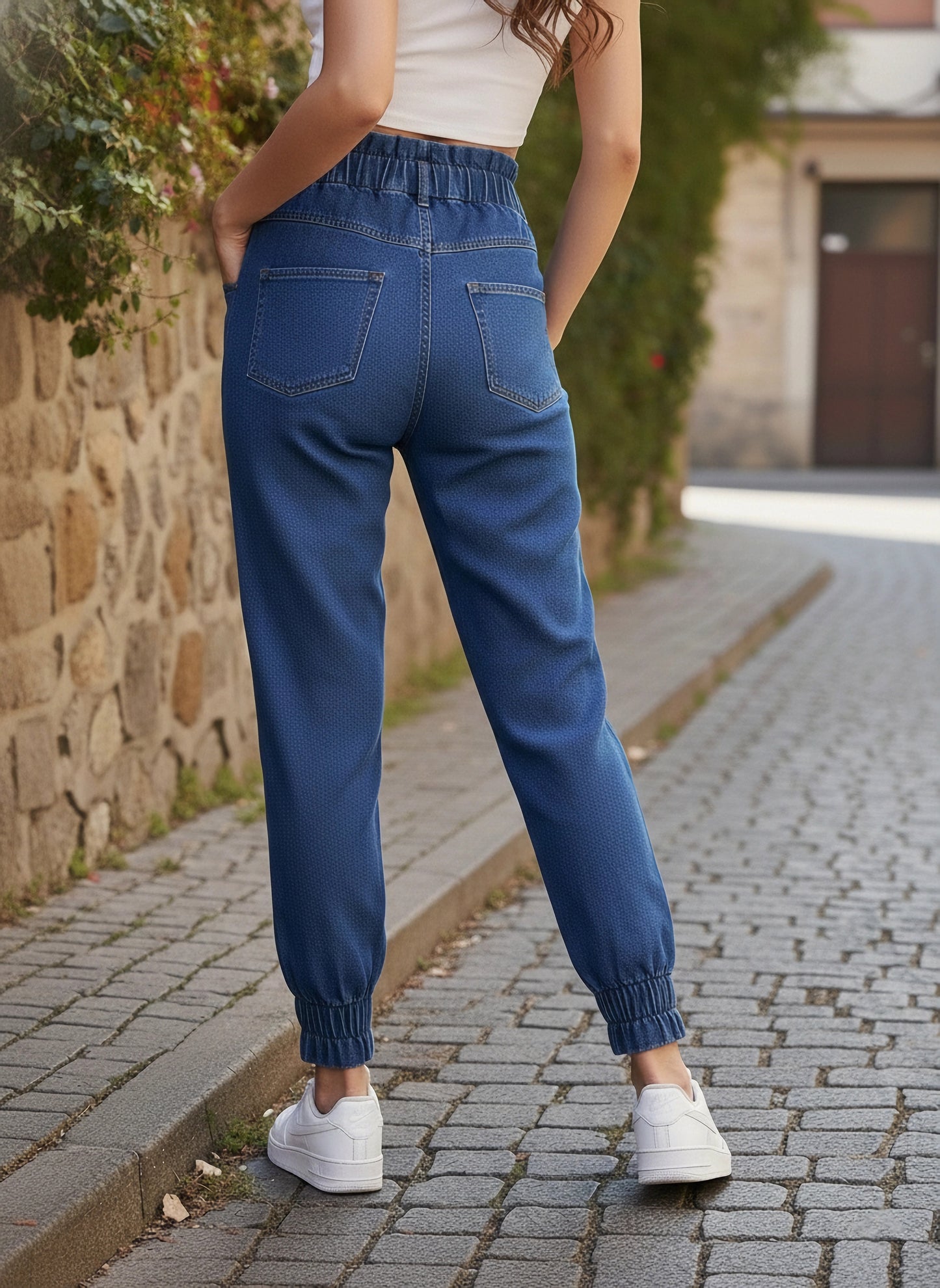Solid Blue High-Rise Elastic Waist Four-Pocket Cotton Slip-On Knitted Regular Joggers