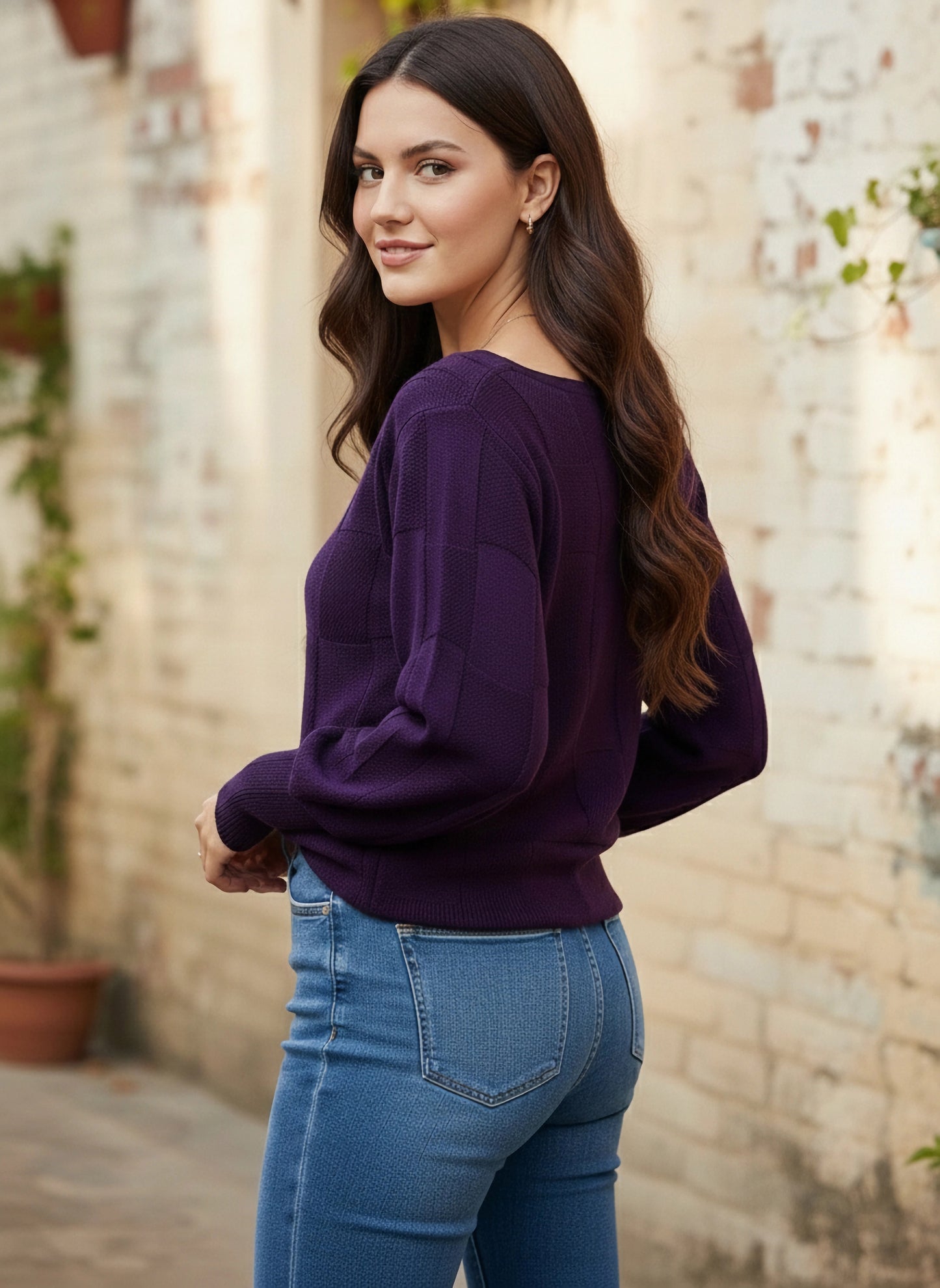 Berrylush Women Solid Purple Boat Neck Drop-Shoulder Sleeves Acrylic Ribbed Hem Knitted Regular Sweater