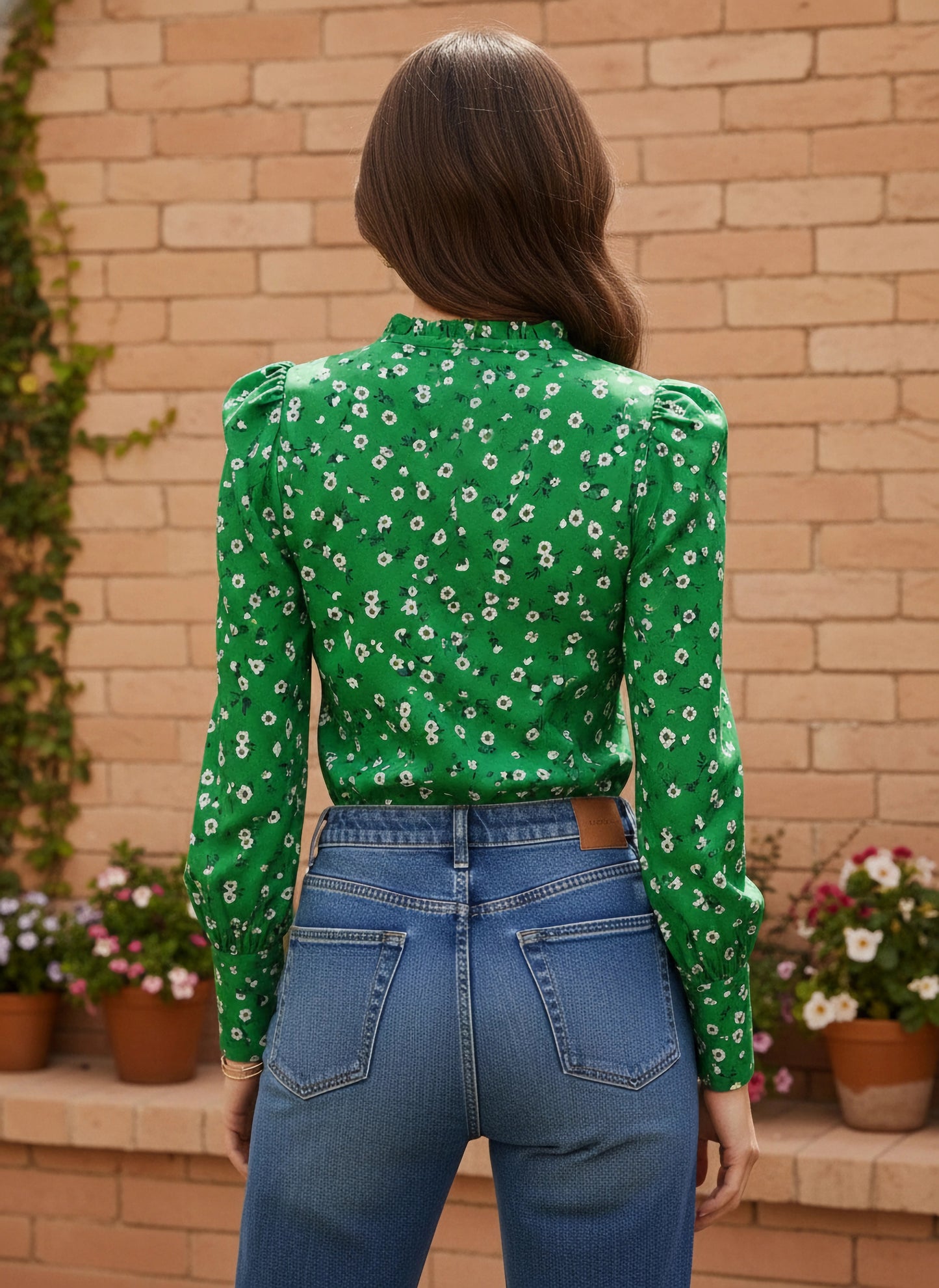 Green & White Floral Printed High-Neck Puff Sleeves Front Cutout Tie-Up Ruched Regular Top