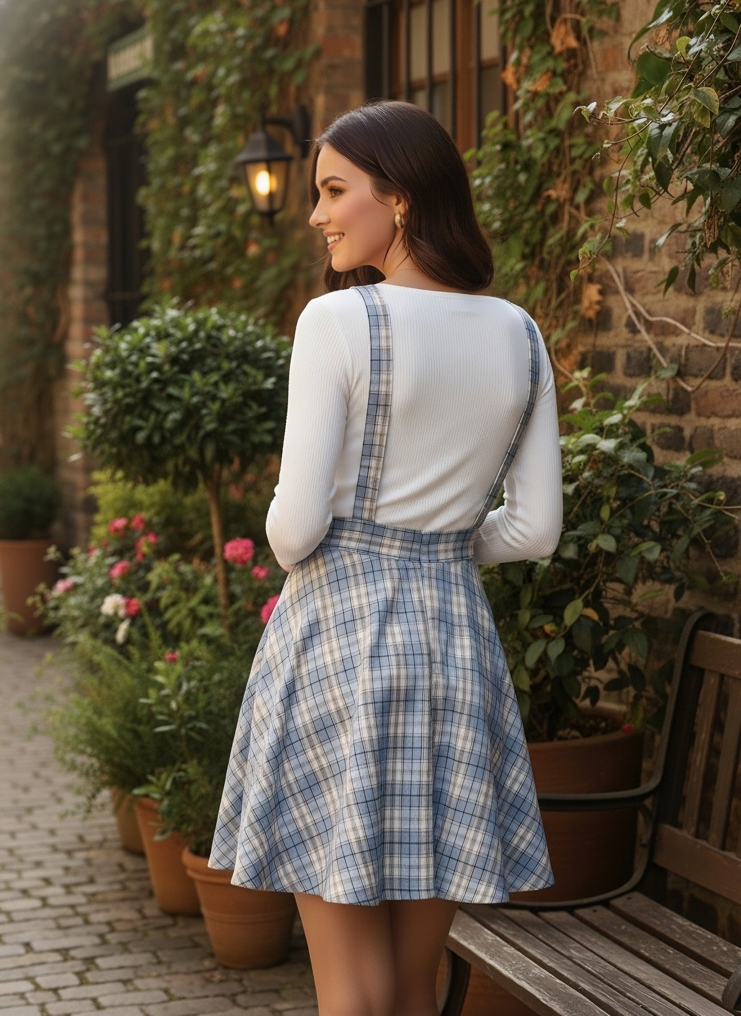 Berrylush Women Blue & White Checked Pattern Square Neck Crepe Button-Up Flared Pinafore Mini Dress