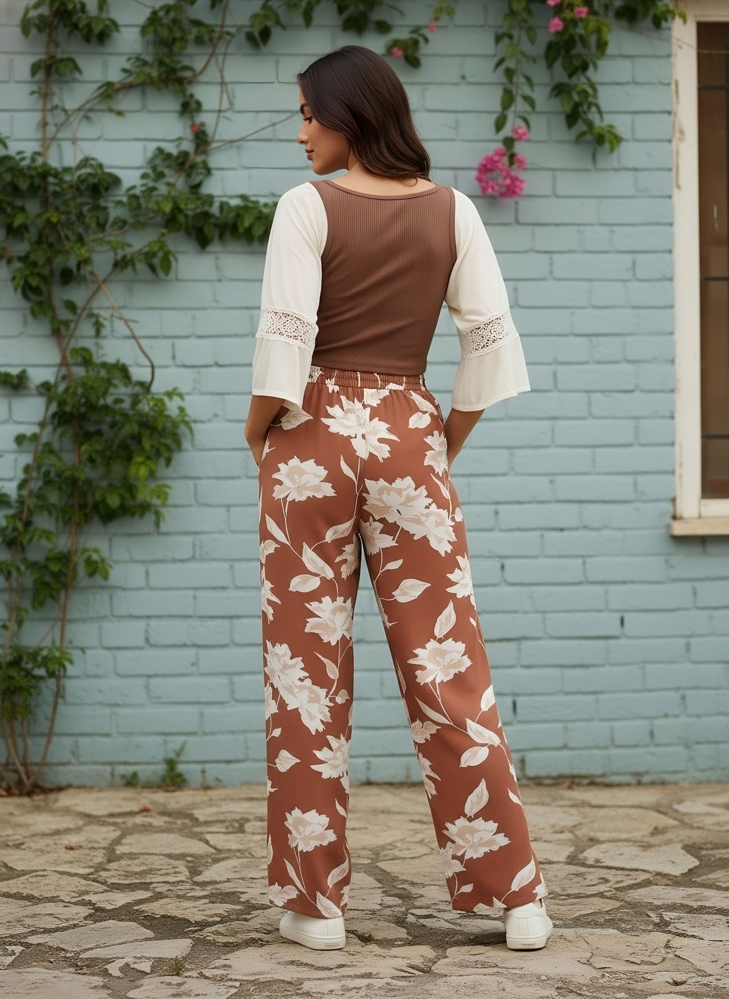 Berrylush Women Brown & White Floral Print Tie-Up Waist High-Rise Wide Leg Trousers