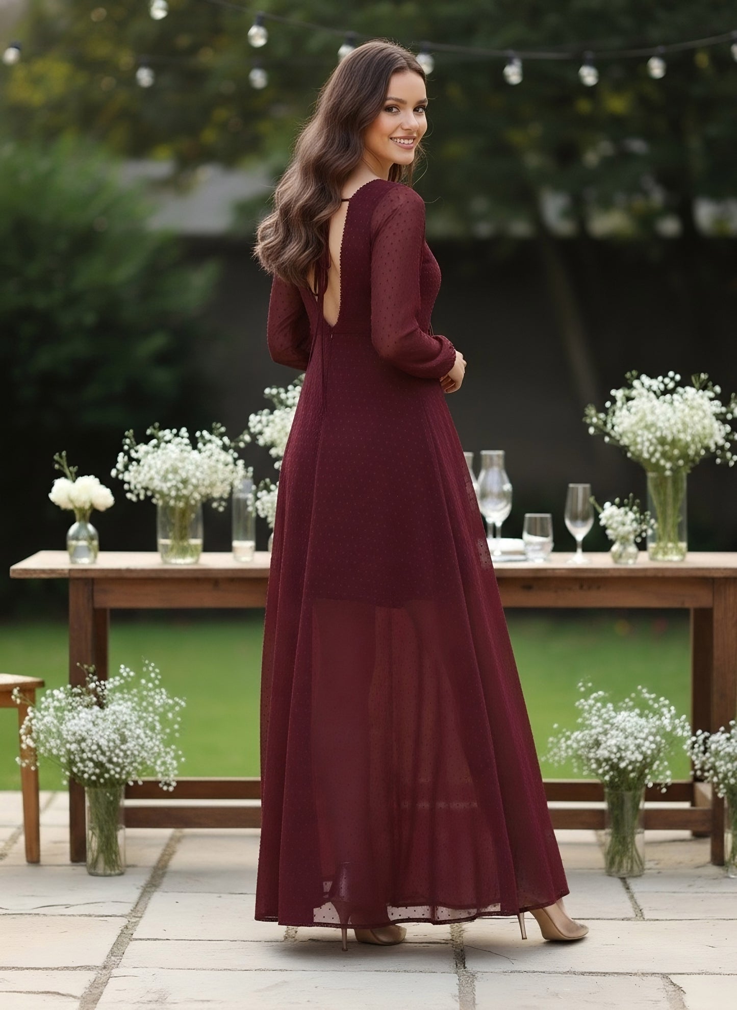 Berrylush Women Solid Maroon Dobby Weave Sweetheart Neck Tie-Up Backless Georgette Layered Fit & Flare Maxi Dress