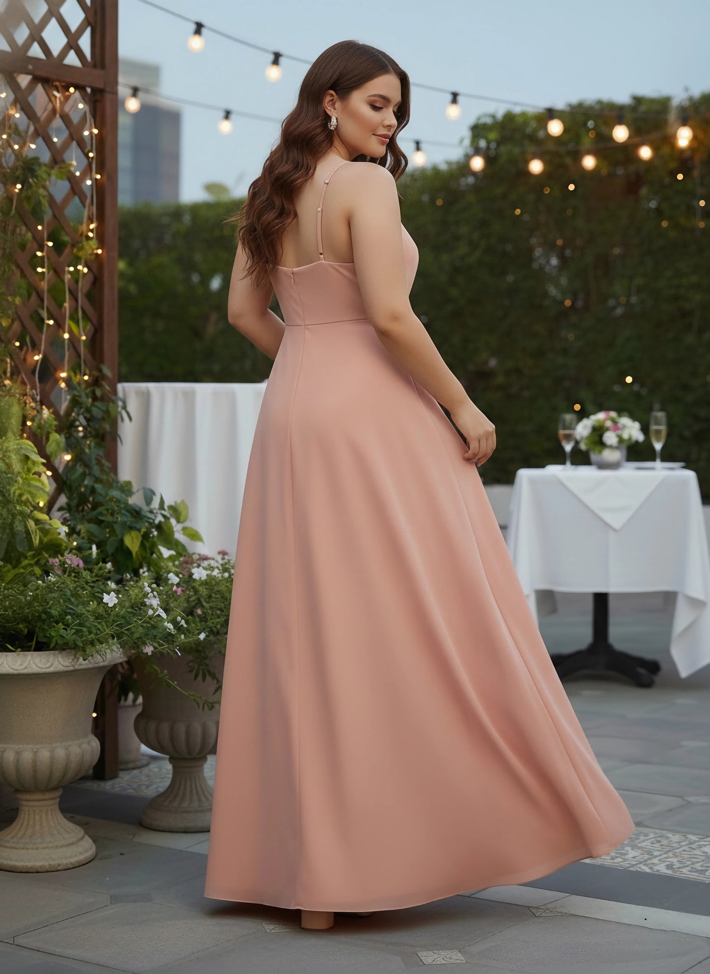 Women Plus Size Solid Pink V-Neck Sleeveless Crepe Thigh-High Slit Fit & Flare Wrap Maxi Dress