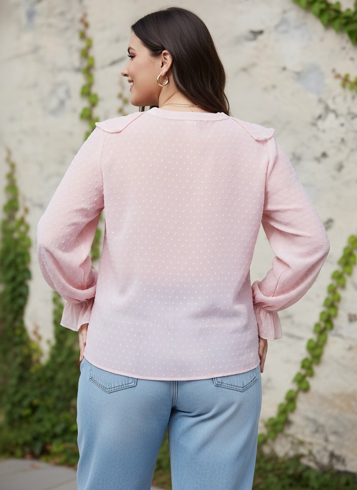 Berrylush Women Plus Size Solid Pink Dobby Weave V-Neck Puff Sleeve Button-Up Semi-Sheer Ruffled Regular Top