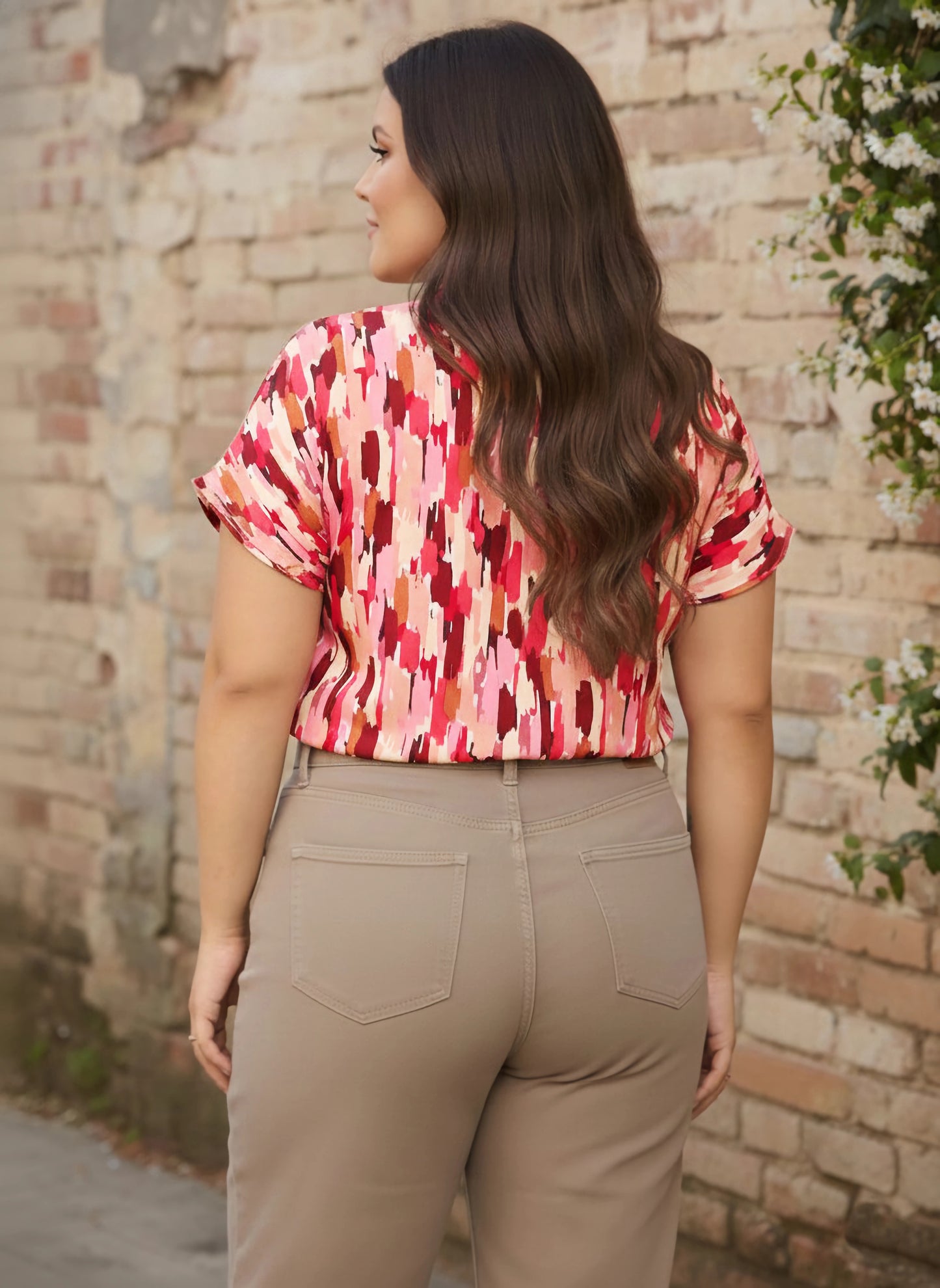 Berrylush Curve Women Pink & Red Geometric Printed Notch Neck Short Sleeves Straight Hem Regular Top