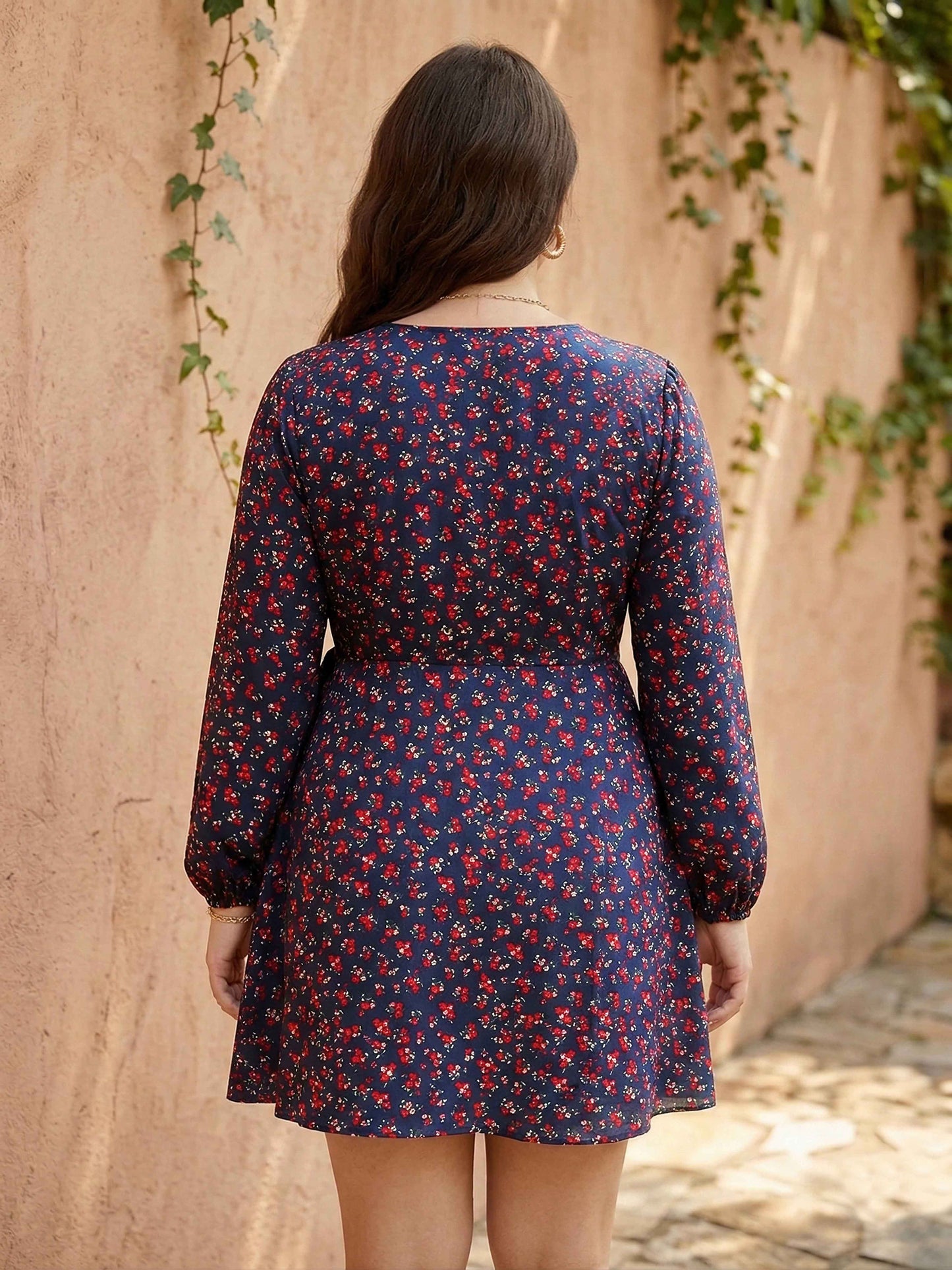 Berrylush Women Plus Size Navy Blue & Red Floral Printed V-Neck Waist Tie-Up Fit & Flare Wrap Mini Dress