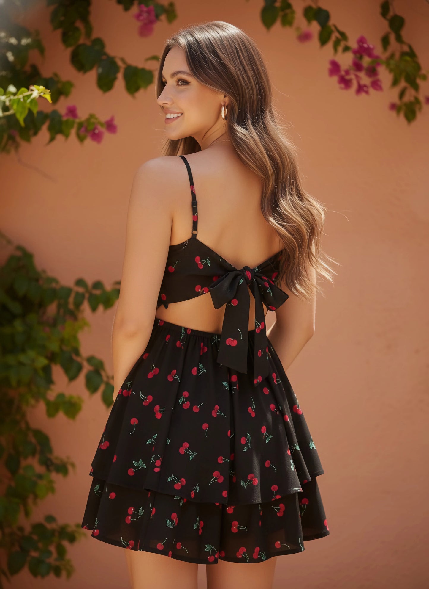 Berrylush Women Black & Red Cherry Printed V-Neck Sleeveless Back Tie-Up Cutout Layered Mini Jumpsuit