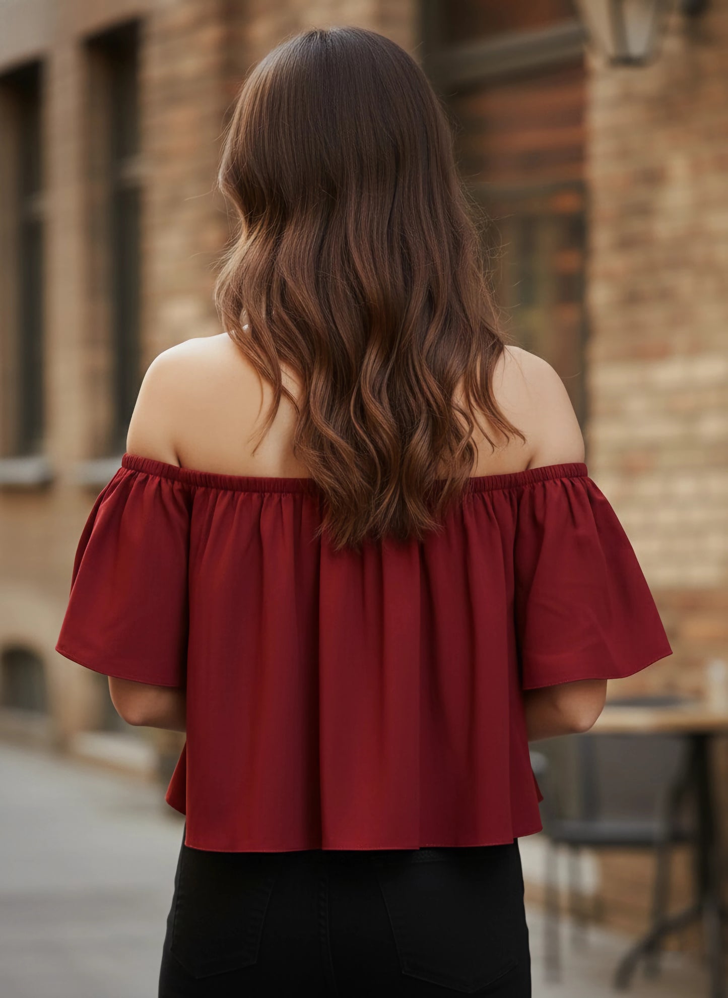 Berrylush Women Solid Maroon Off-Shoulder Neck Ruffled Crop Bardot Top