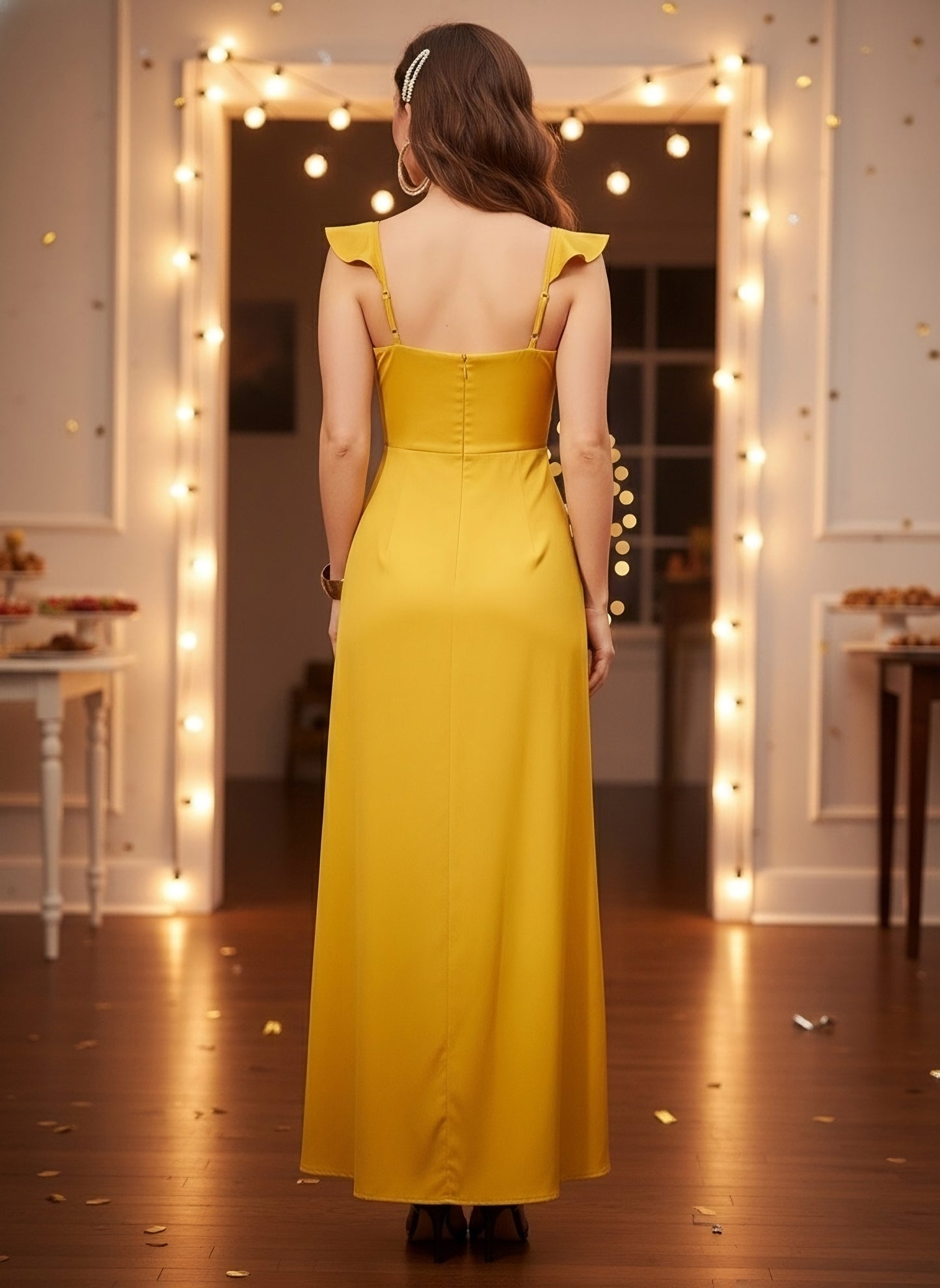 Berrylush Women Solid Yellow Sweetheart Neck Front Tie-Up Cutout Thigh-High Slit Ruched Maxi Dress